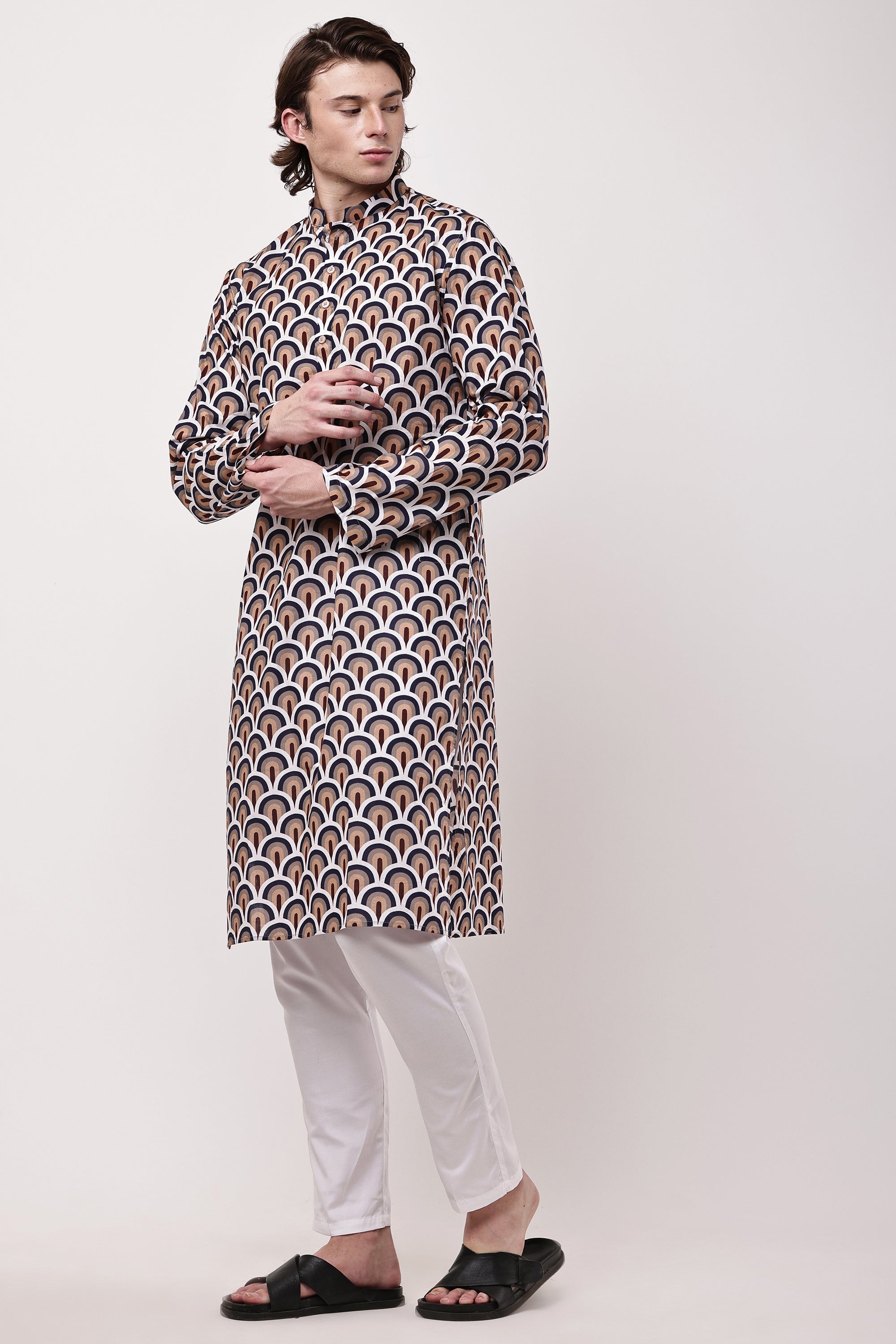 Men Navy Blue & Beige Geometric Printed Cotton Kurta Set