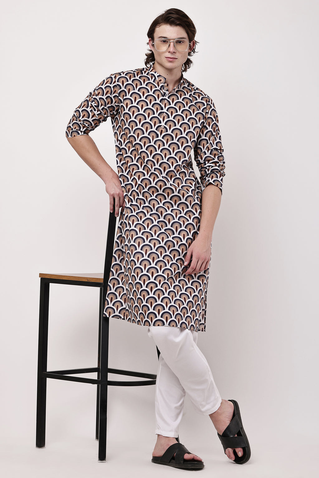 Men Navy Blue & Beige Geometric Printed Cotton Kurta Set