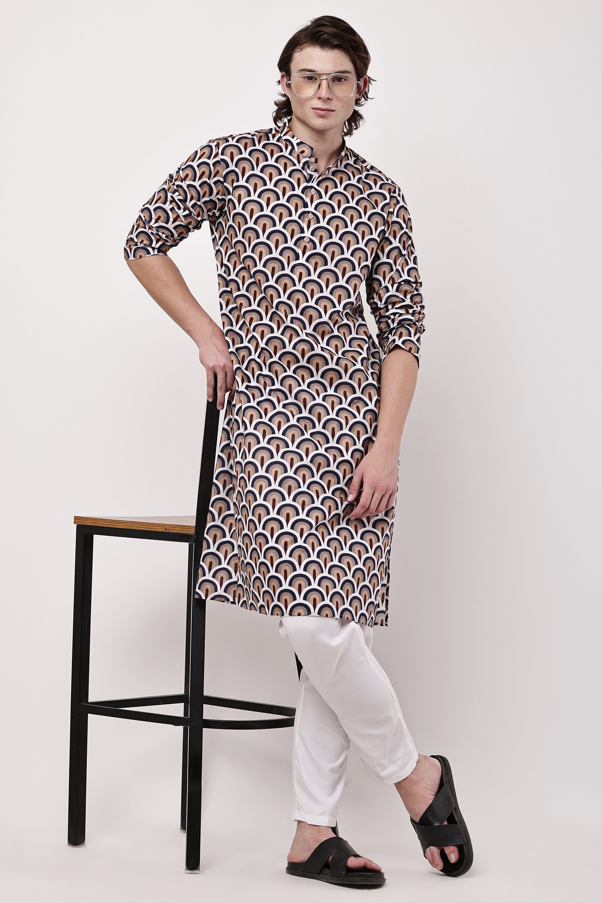 Men Navy Blue & Beige Geometric Printed Cotton Kurta Set