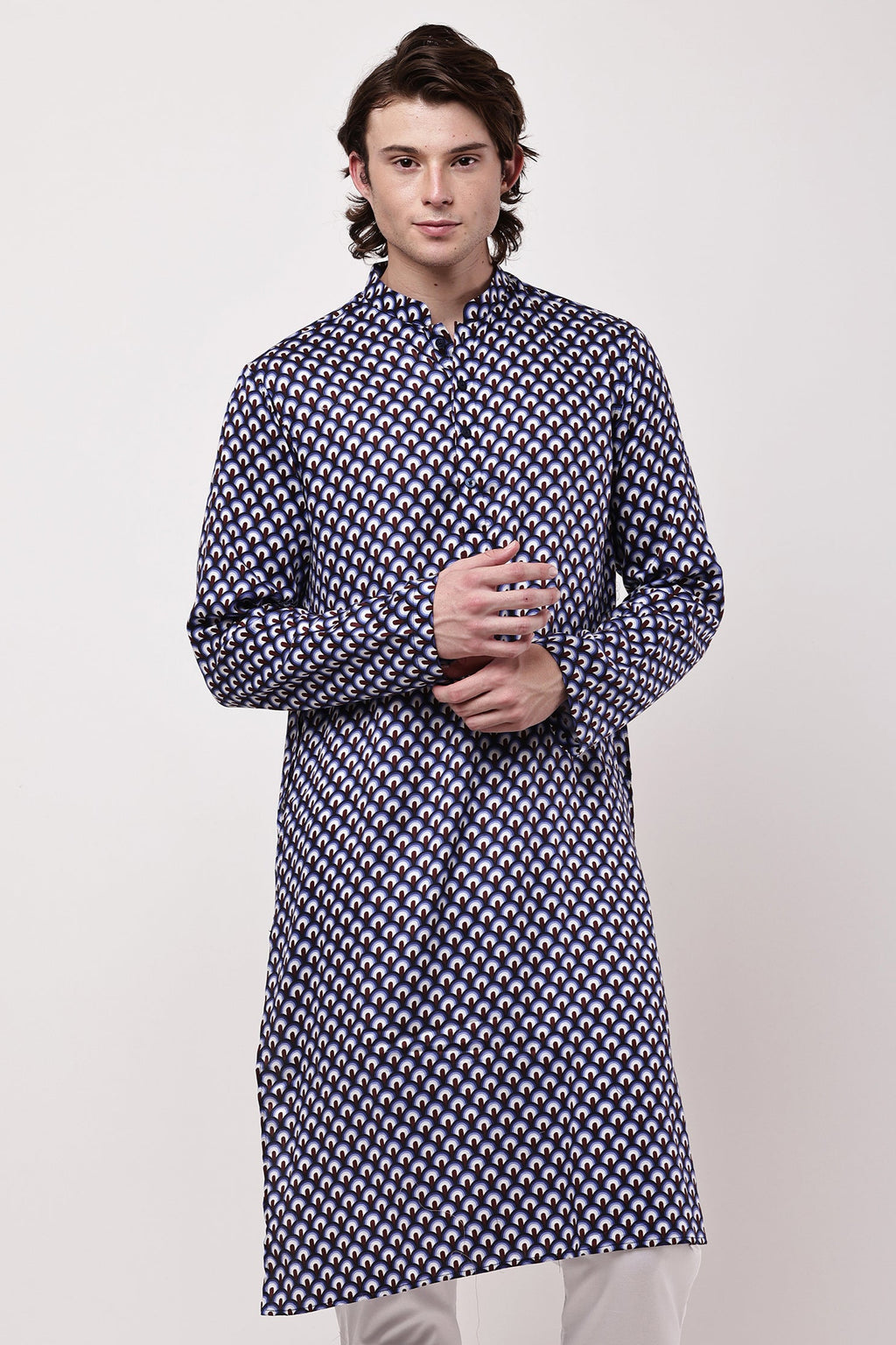 Men Navy Blue & Maroon Geometric Printed Straight Kurta Set