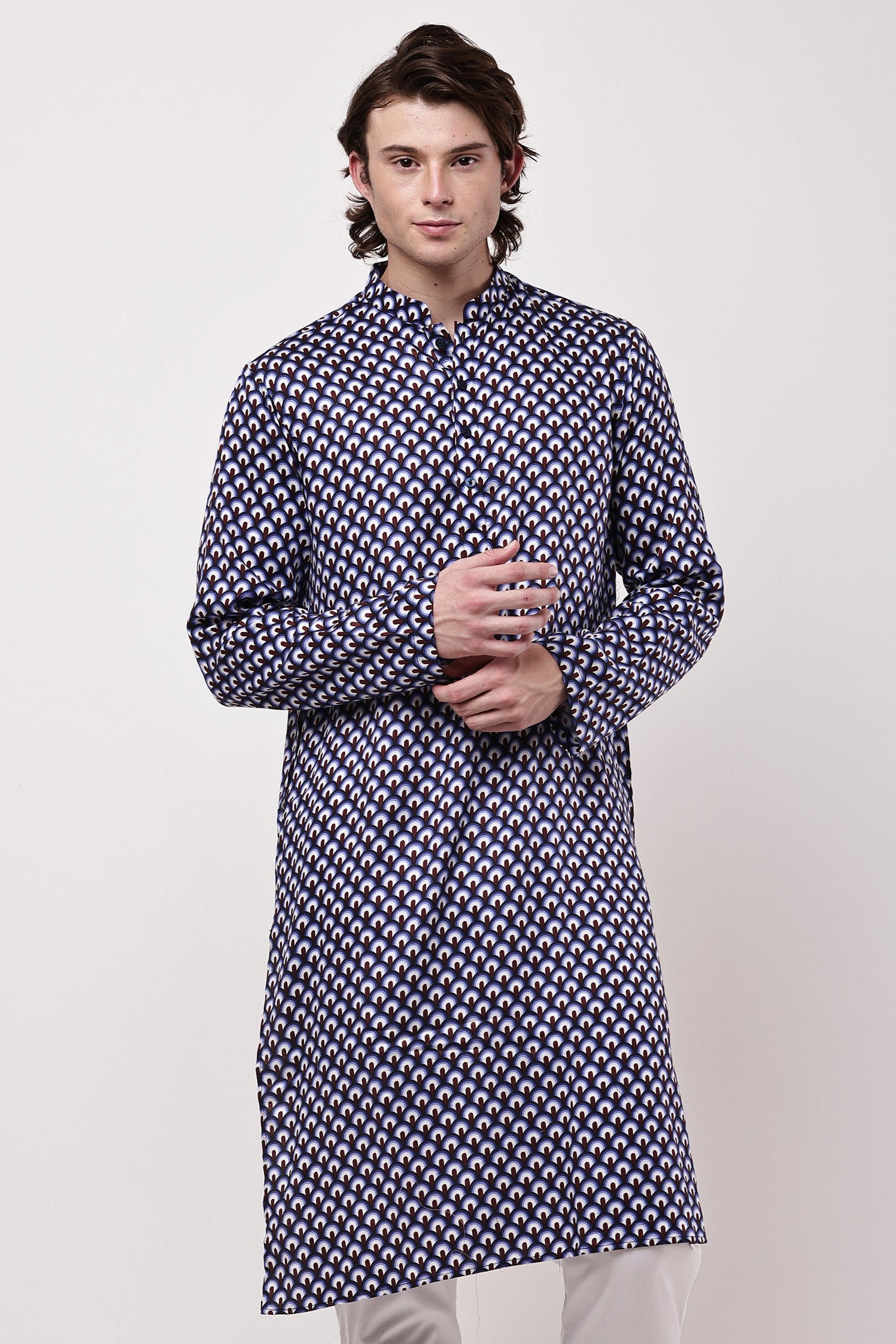 Men Navy Blue & Maroon Geometric Printed Straight Kurta Set