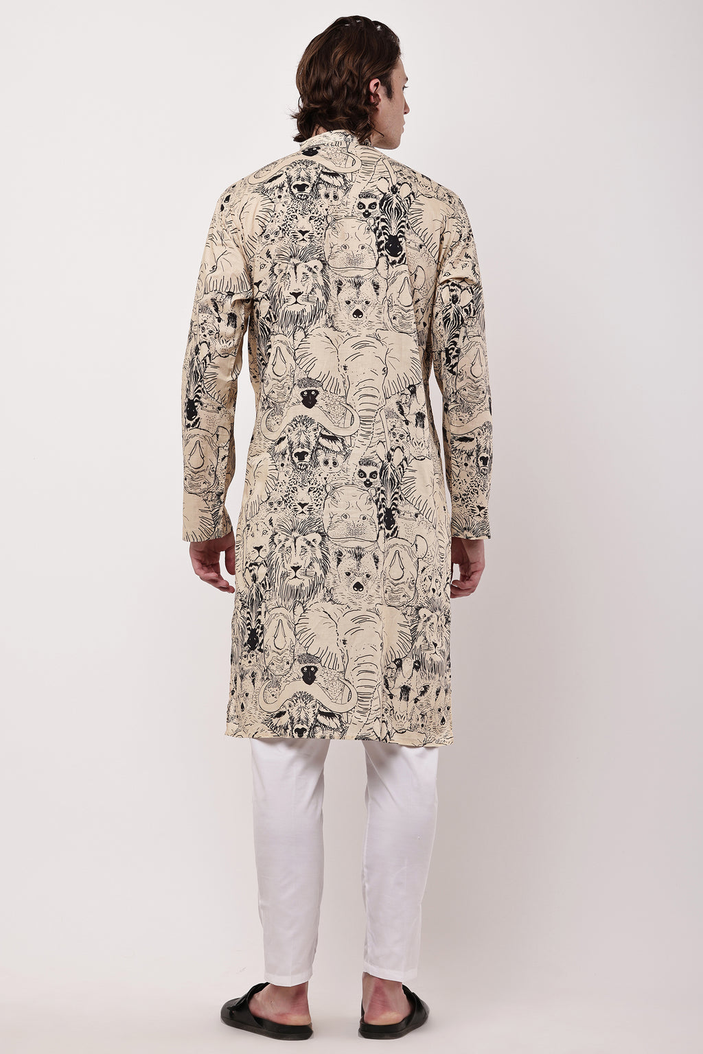 Men Beige & Black Hand-Sketched Safari Print Straight Kurta Set