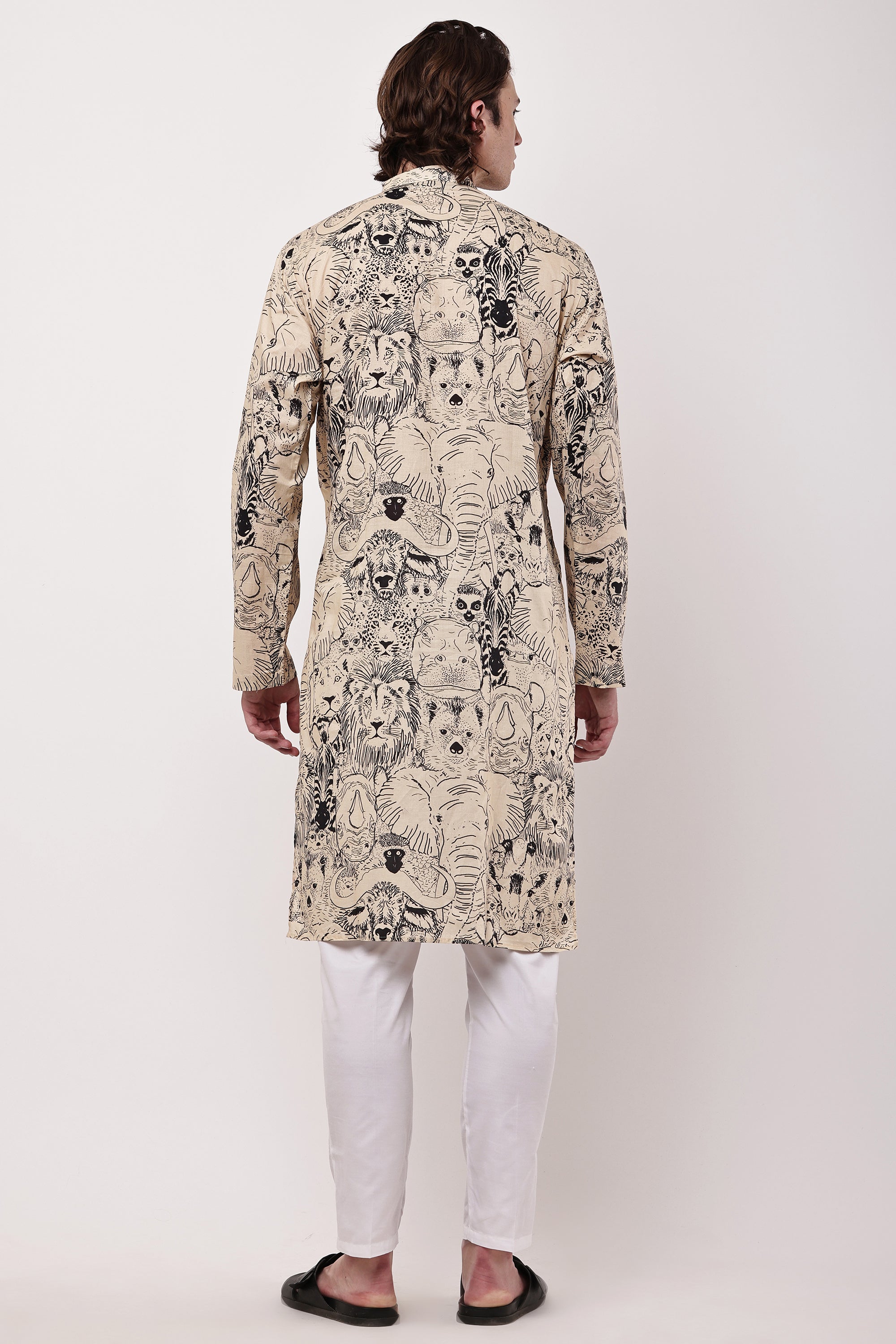 Men Beige & Black Hand-Sketched Safari Print Straight Kurta Set