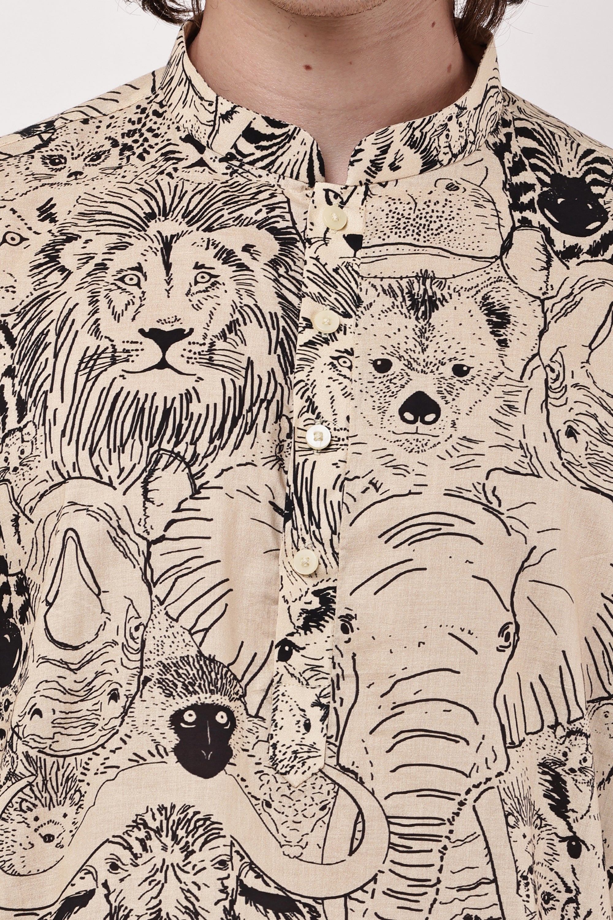 Men Beige & Black Hand-Sketched Safari Print Straight Kurta Set