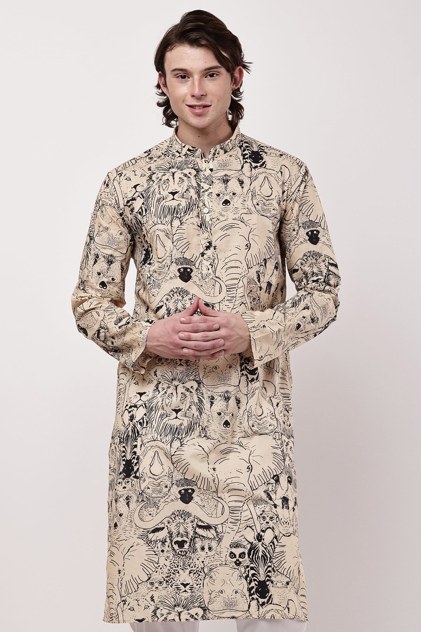 Men Beige & Black Hand-Sketched Safari Print Straight Kurta Set