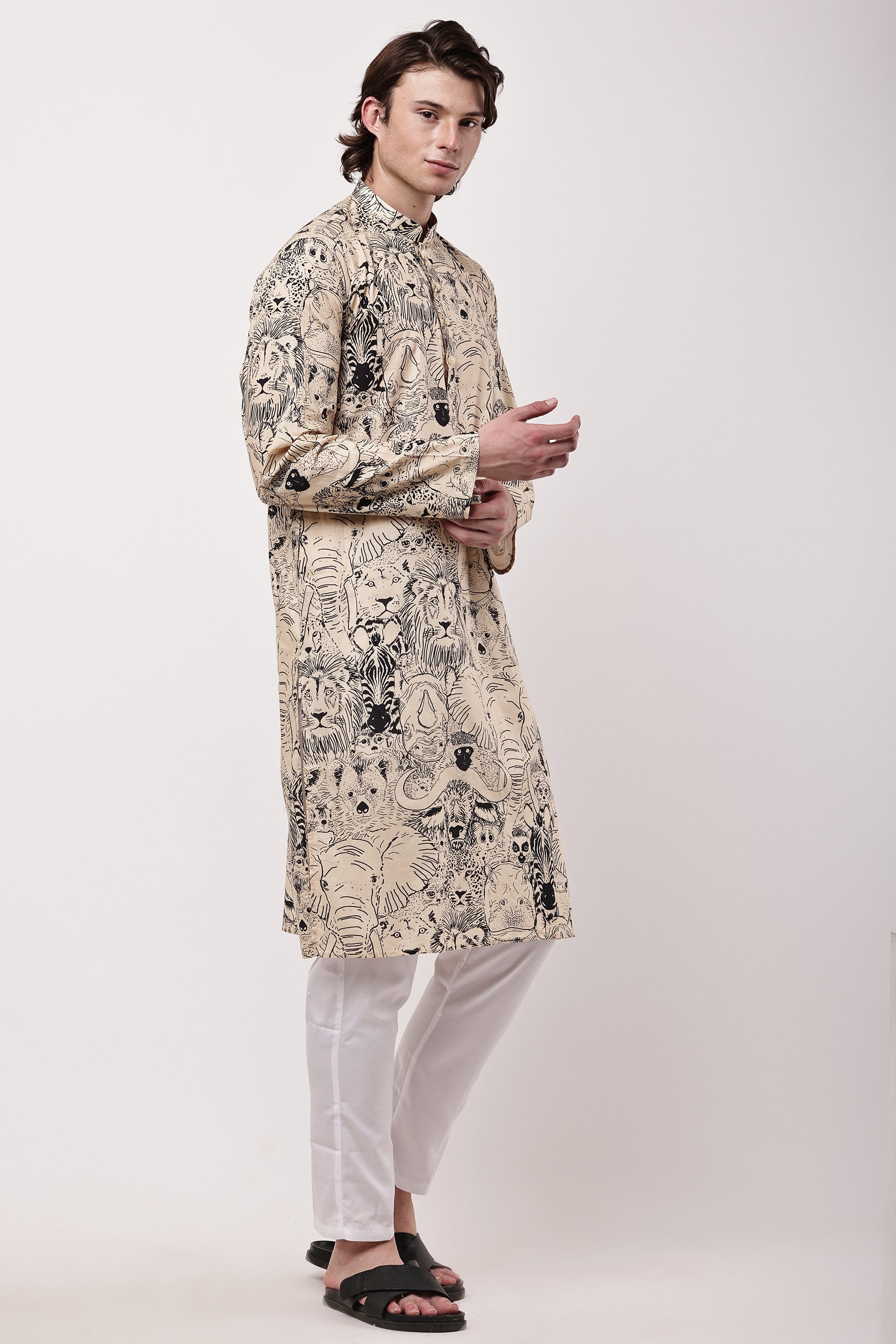 Men Beige & Black Hand-Sketched Safari Print Straight Kurta Set