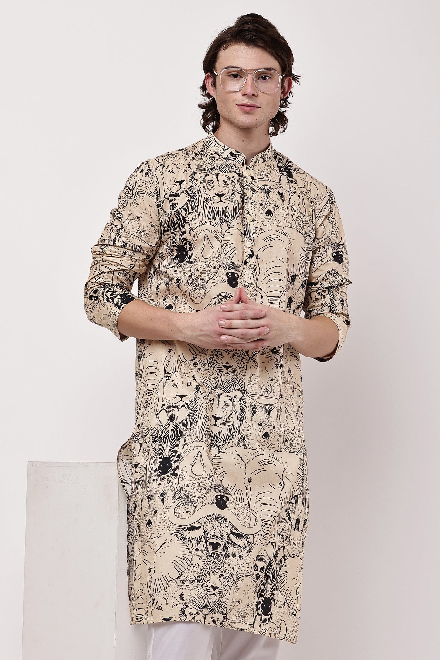 Men Beige & Black Hand-Sketched Safari Print Straight Kurta Set