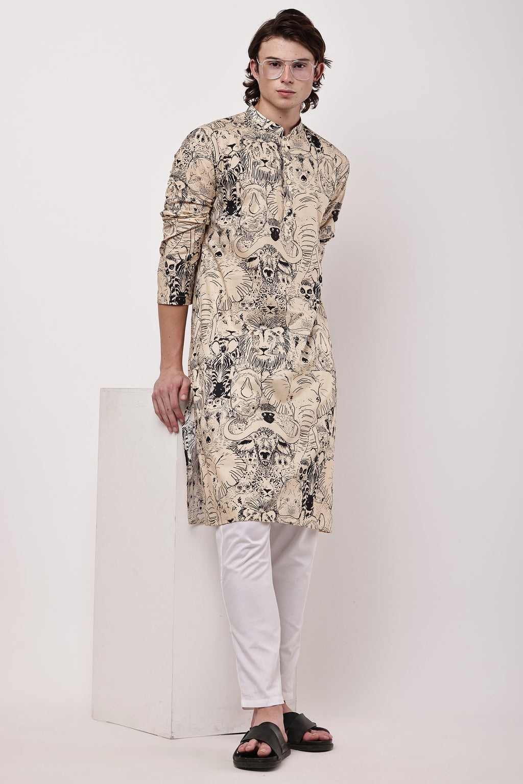 Men Beige & Black Hand-Sketched Safari Print Straight Kurta Set