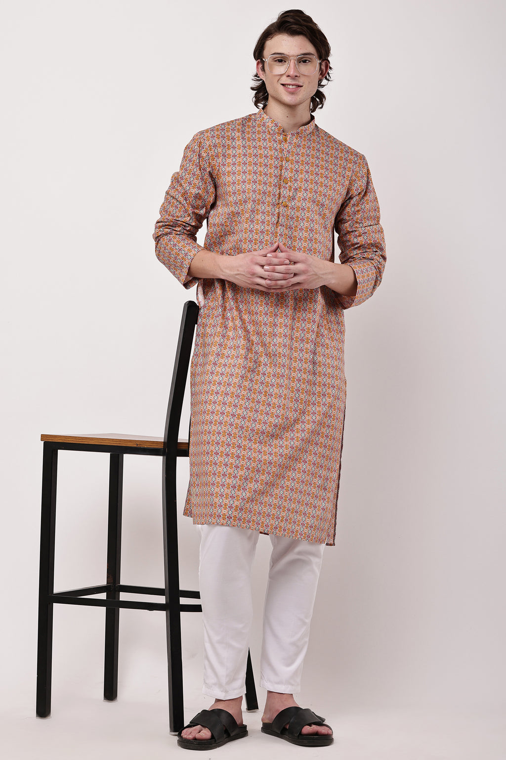 Men Multicolour Geometric Printed Straight Kurta Set