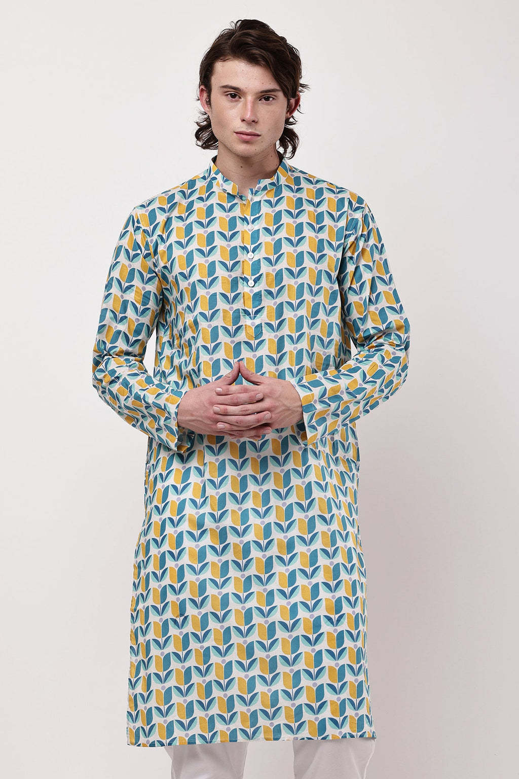 Men White & Multicolour Abstract Leaf Printed Straight Kurta Set