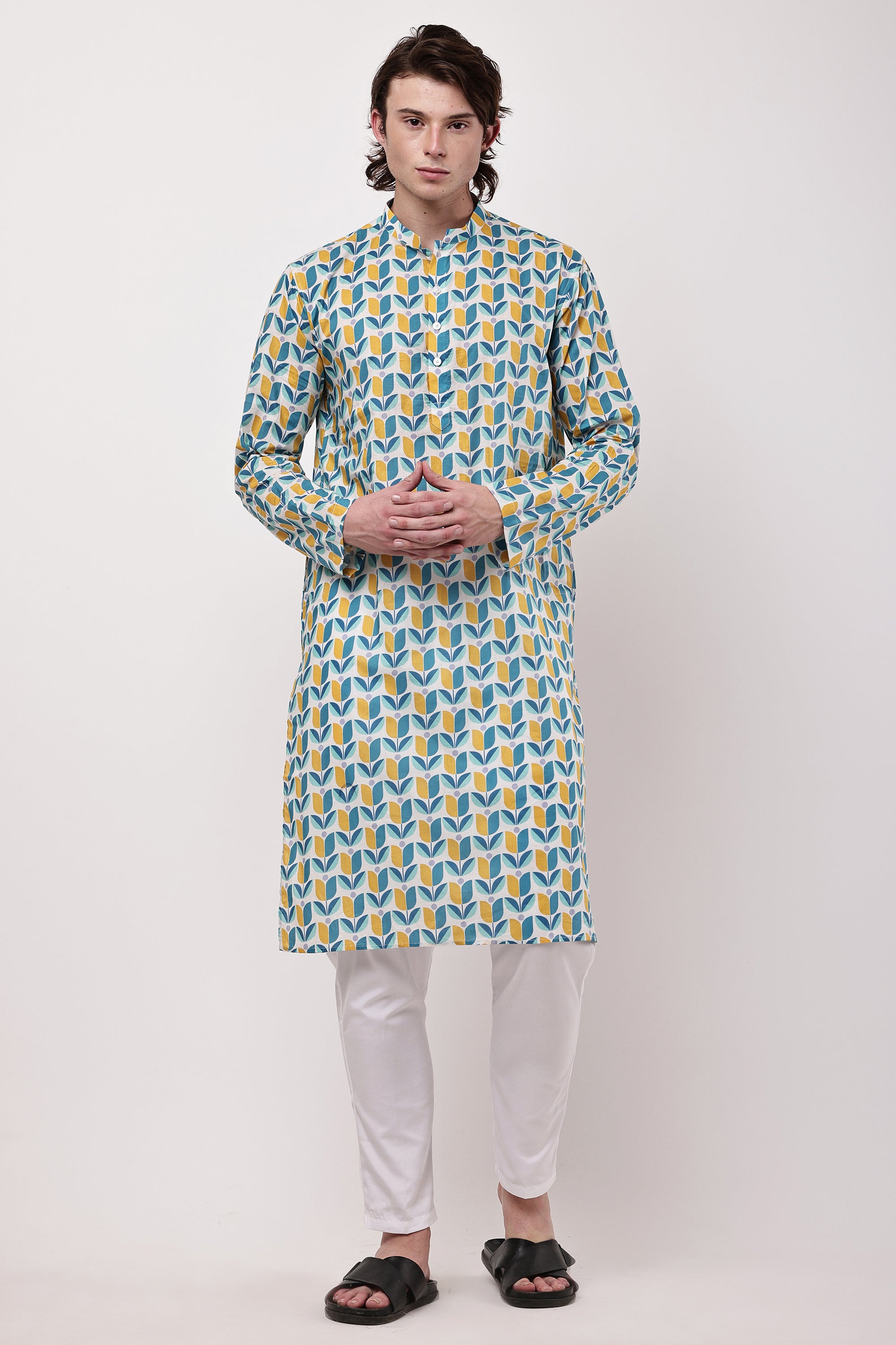 Men White & Multicolour Abstract Leaf Printed Straight Kurta Set