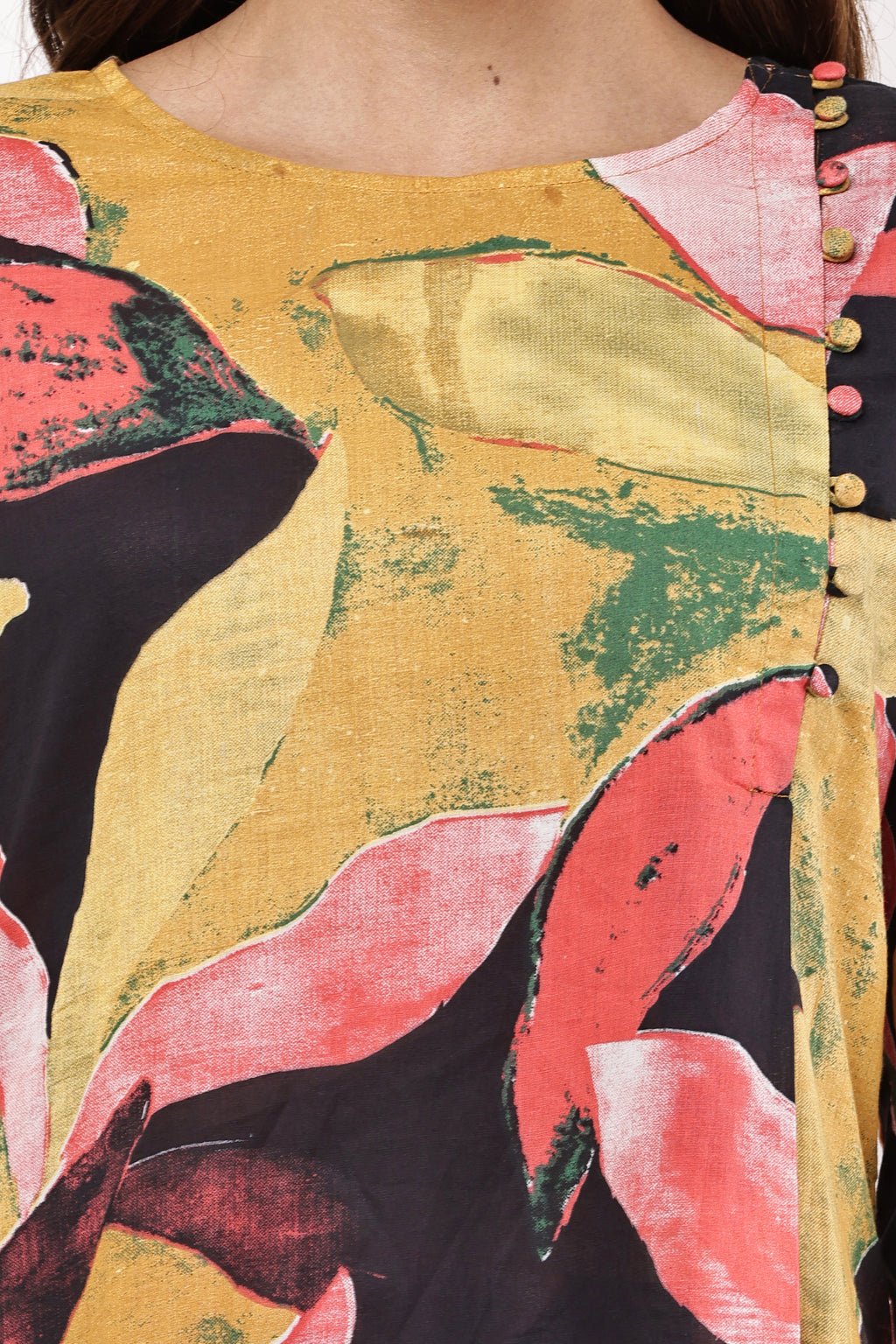 Mustard & Black Abstract Printed Asymmetric Kurta with Trousers