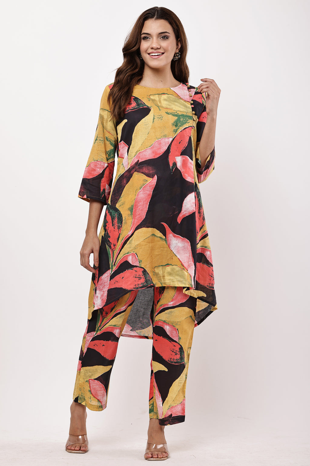 Mustard & Black Abstract Printed Asymmetric Kurta with Trousers