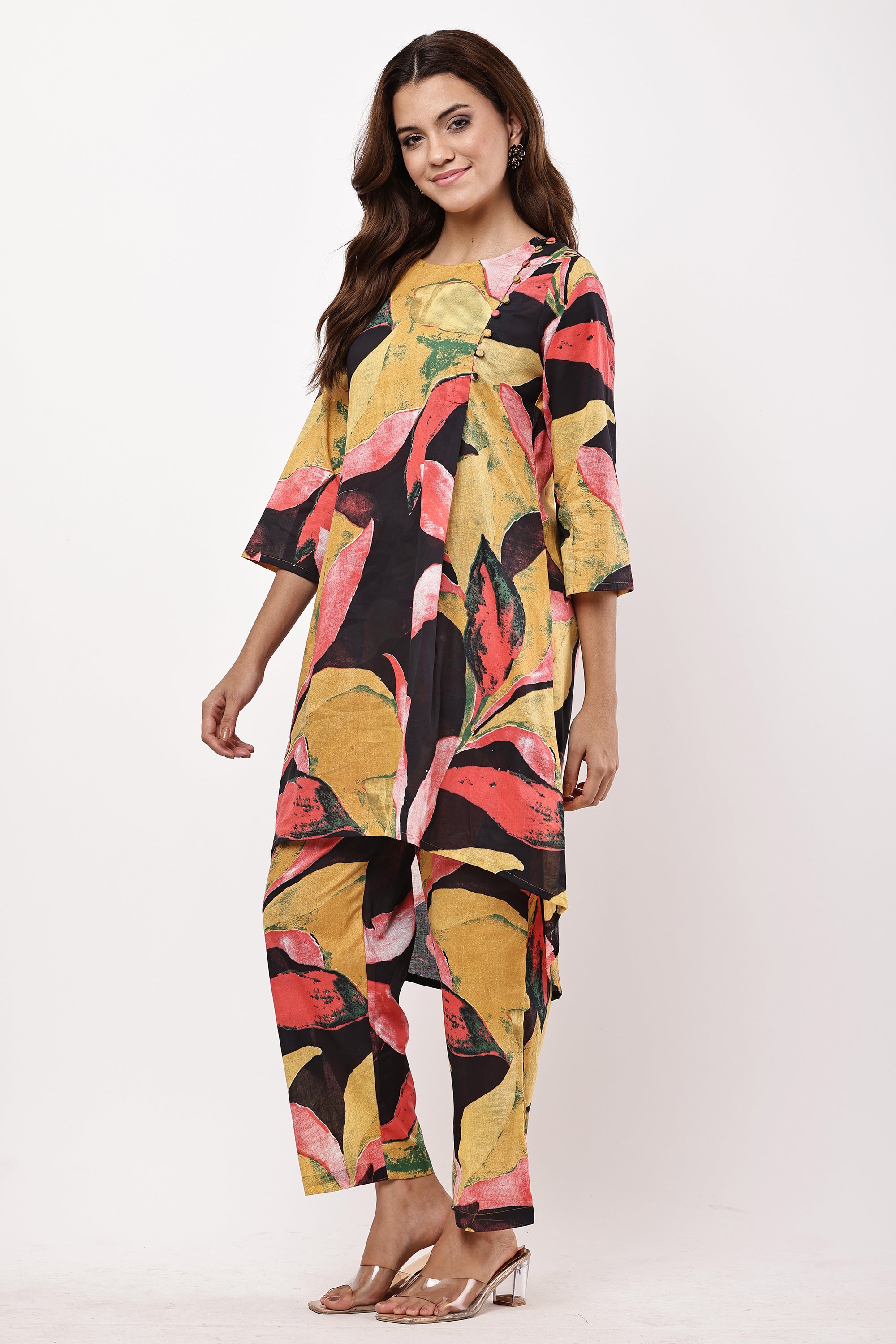 Mustard & Black Abstract Printed Asymmetric Kurta with Trousers