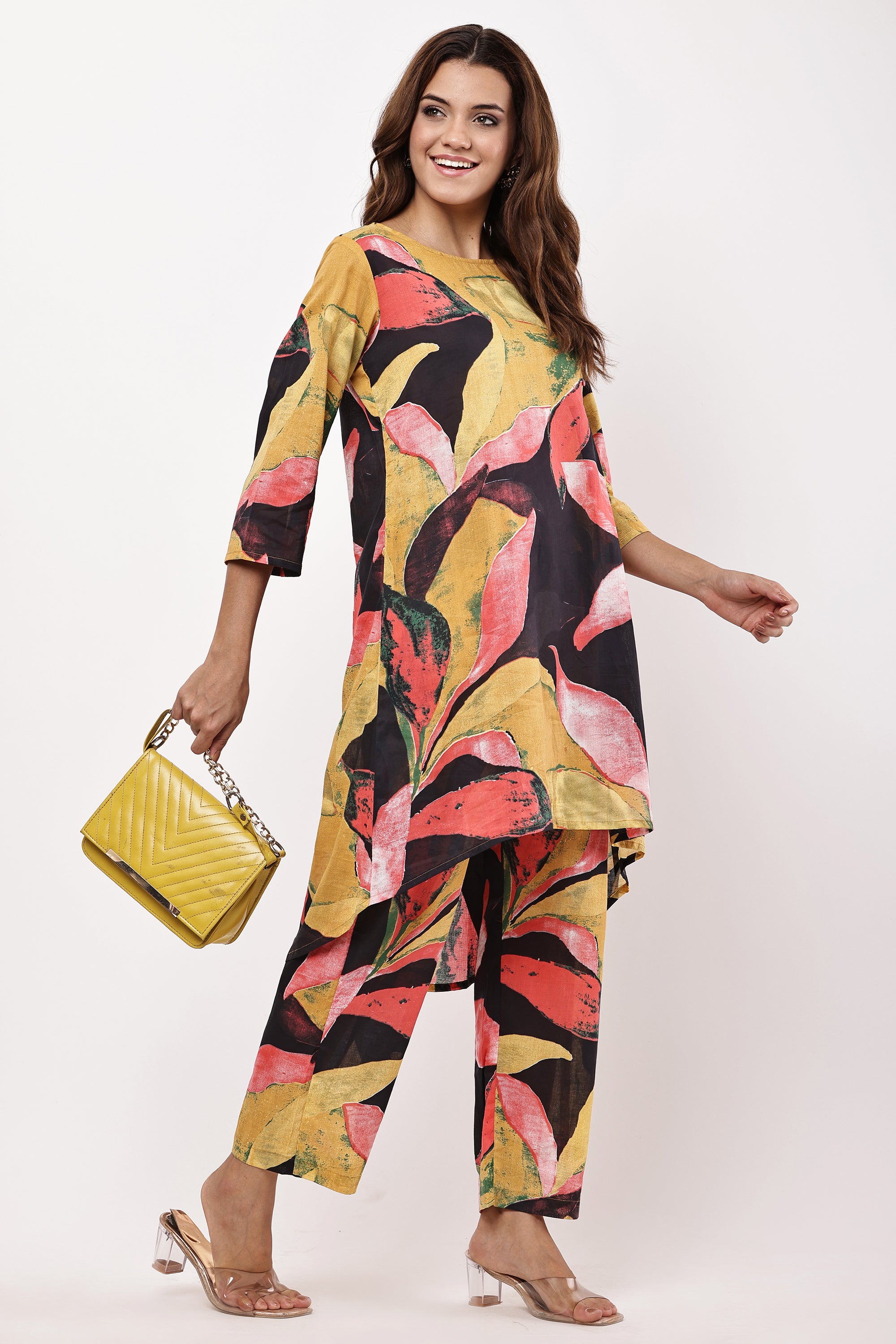 Mustard & Black Abstract Printed Asymmetric Kurta with Trousers