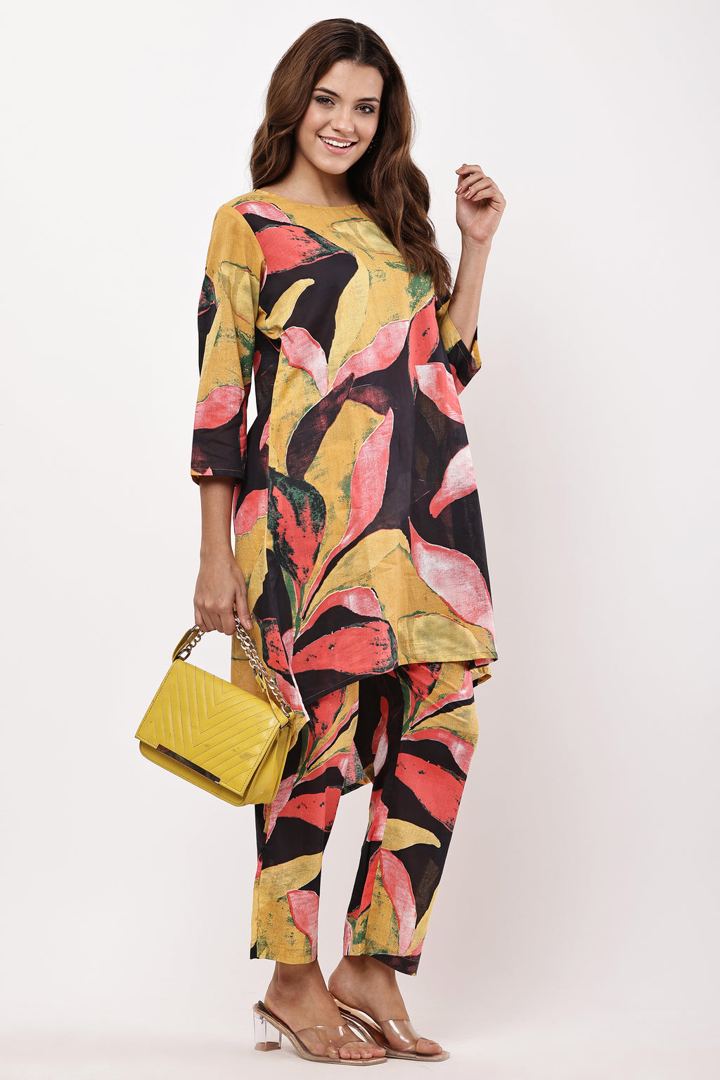 Mustard & Black Abstract Printed Asymmetric Kurta with Trousers