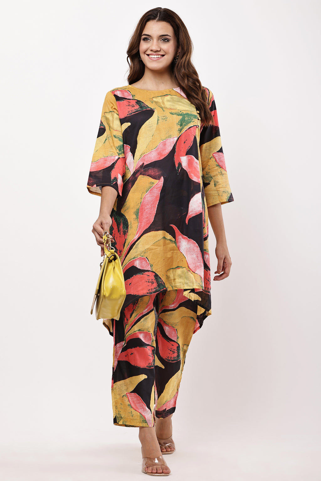 Mustard & Black Abstract Printed Asymmetric Kurta with Trousers
