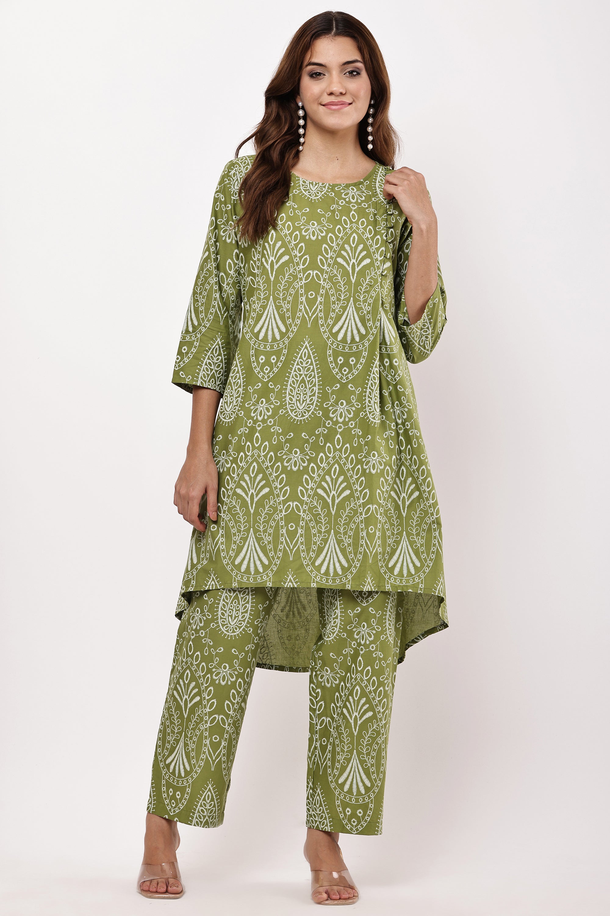 Olive Green Block Print Co-Ord Set