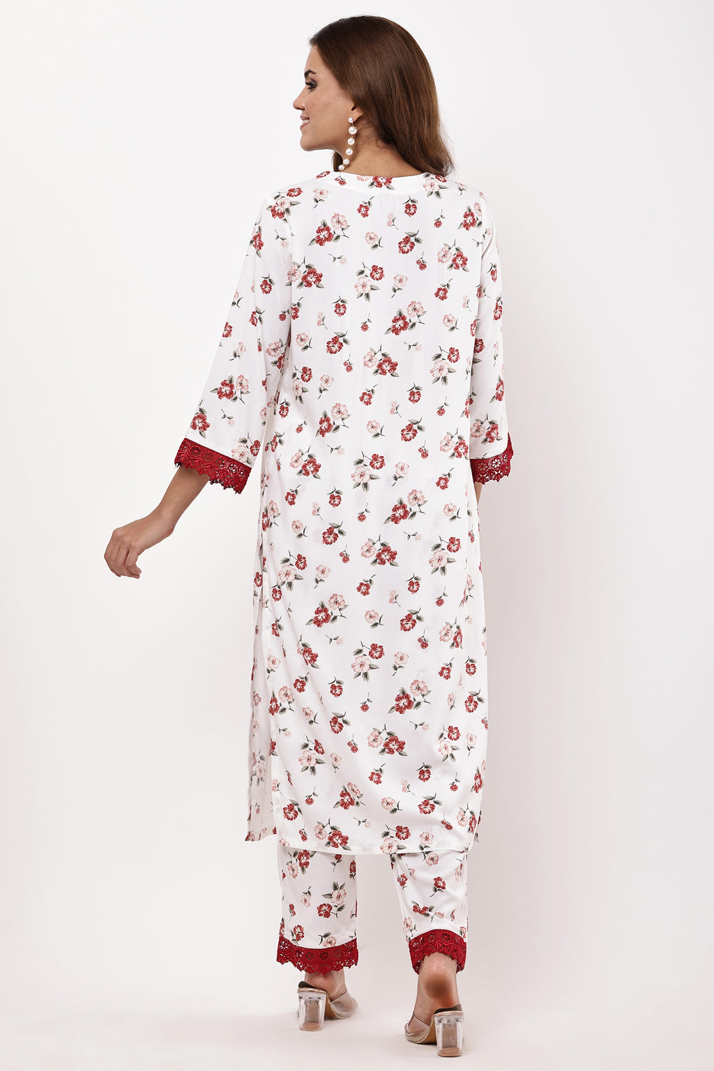 White & Red Floral Printed Kurta Suit Set with Chiffon Dupatta