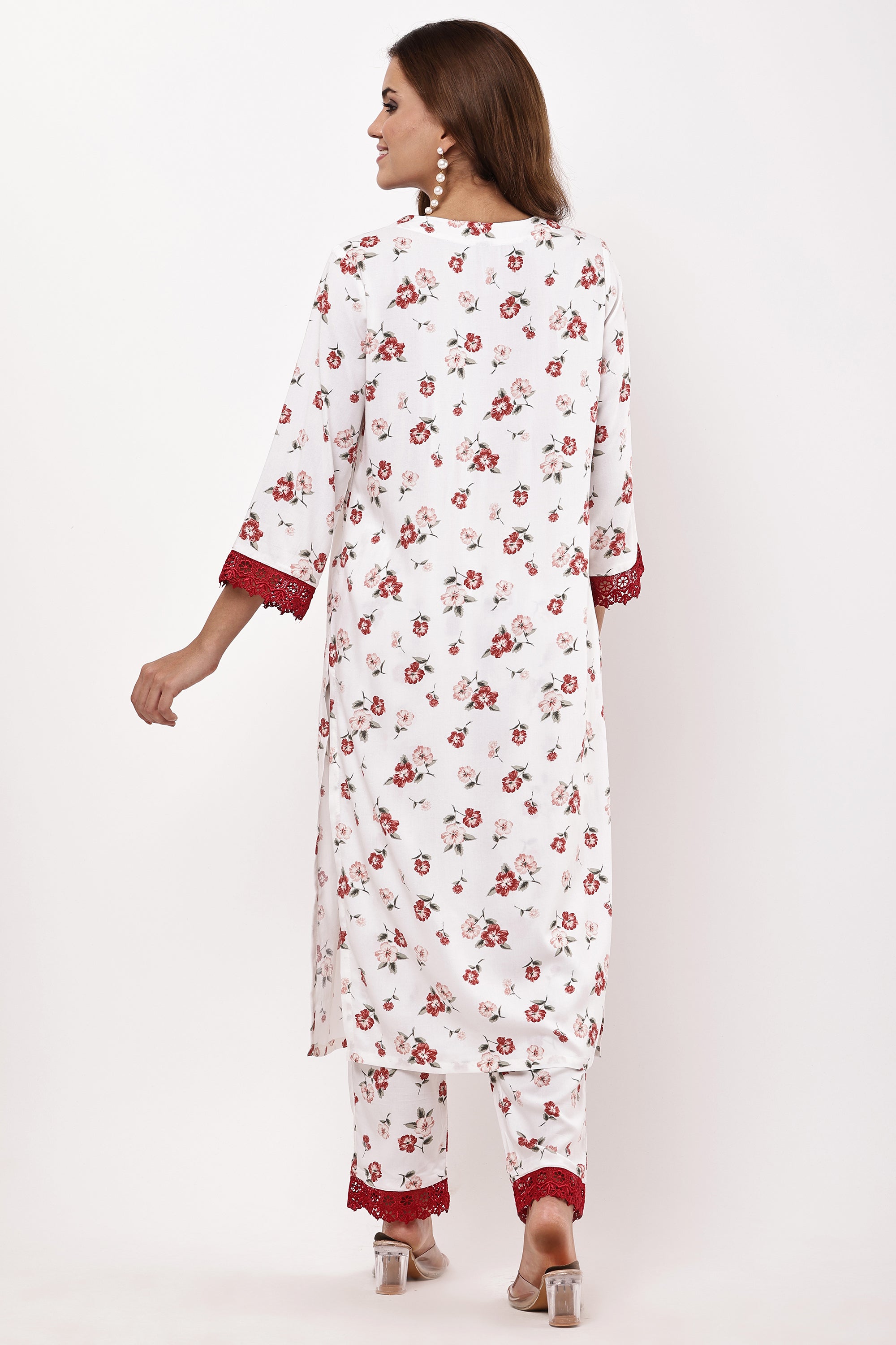 White & Red Floral Printed Kurta Suit Set with Chiffon Dupatta