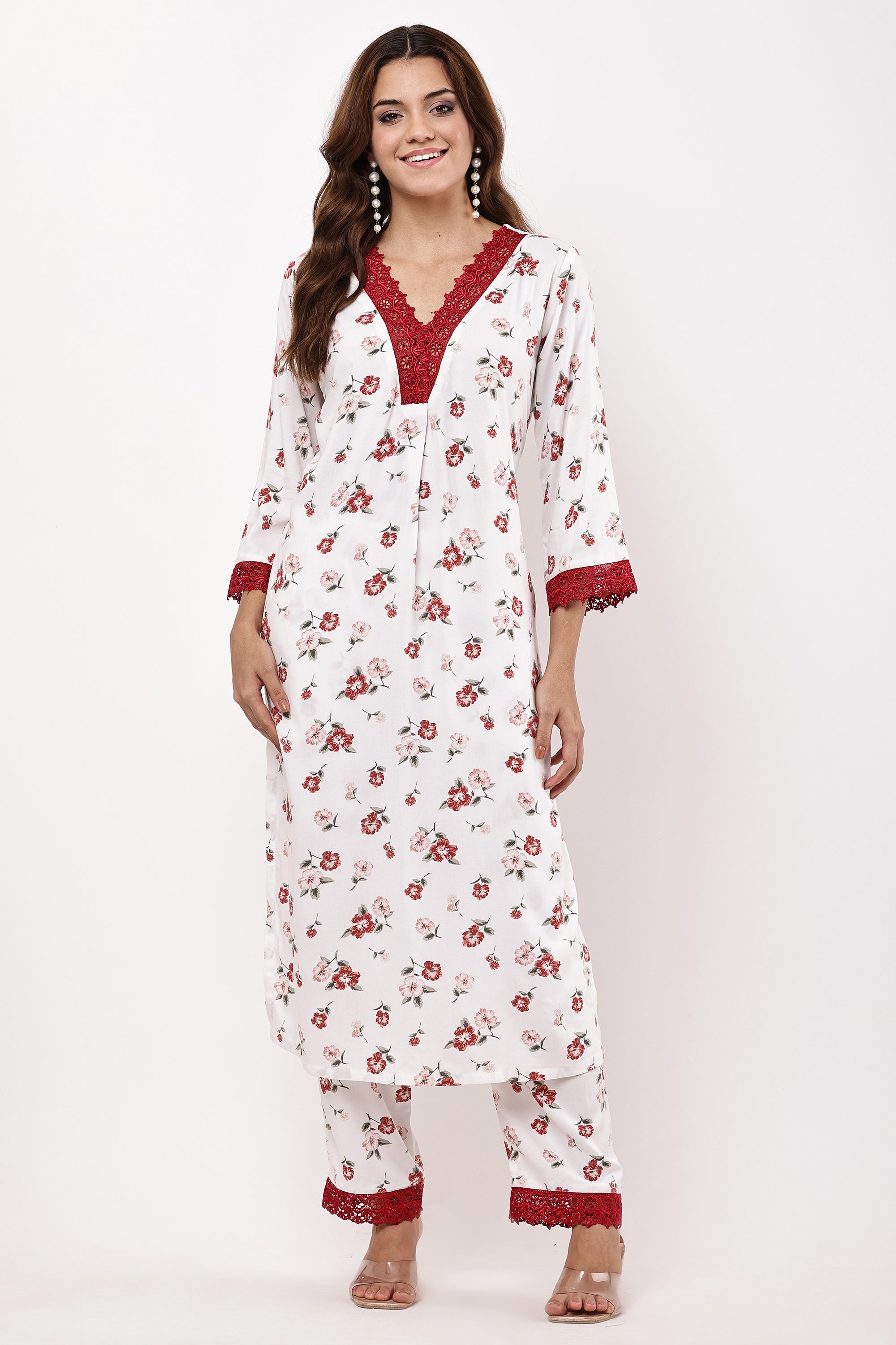 White & Red Floral Printed Kurta Suit Set with Chiffon Dupatta