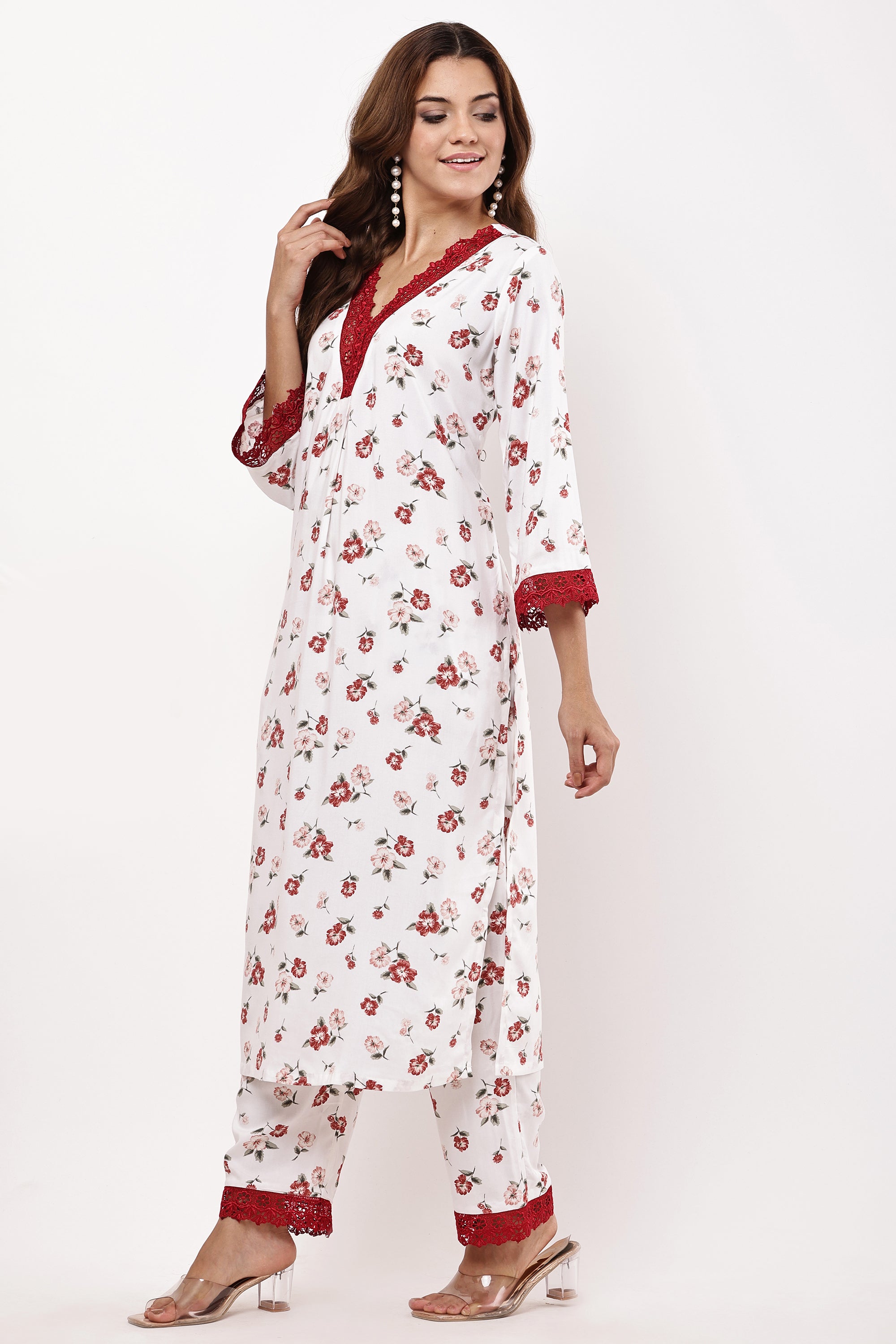 White & Red Floral Printed Kurta Suit Set with Chiffon Dupatta