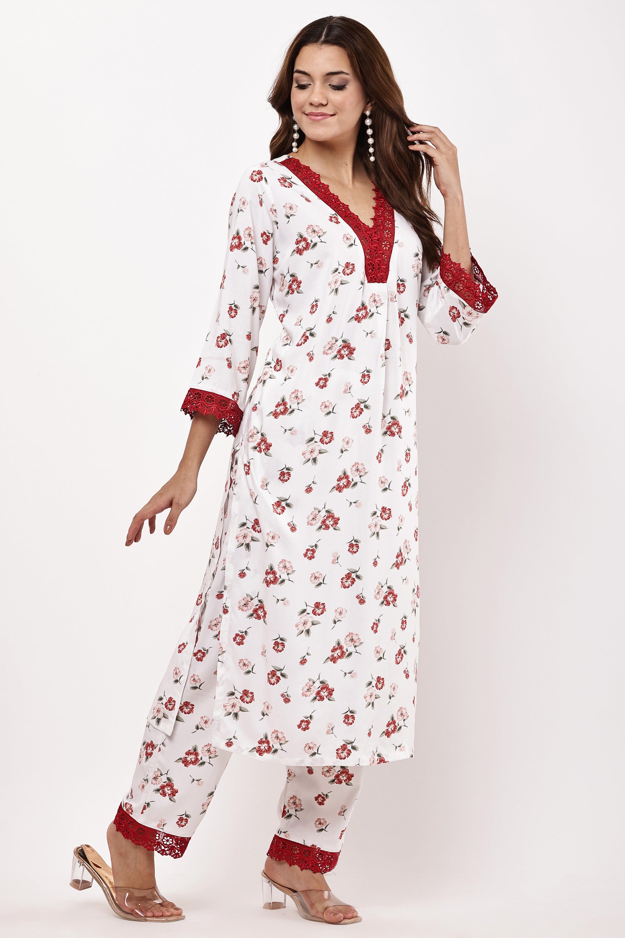 White & Red Floral Printed Kurta Suit Set with Chiffon Dupatta