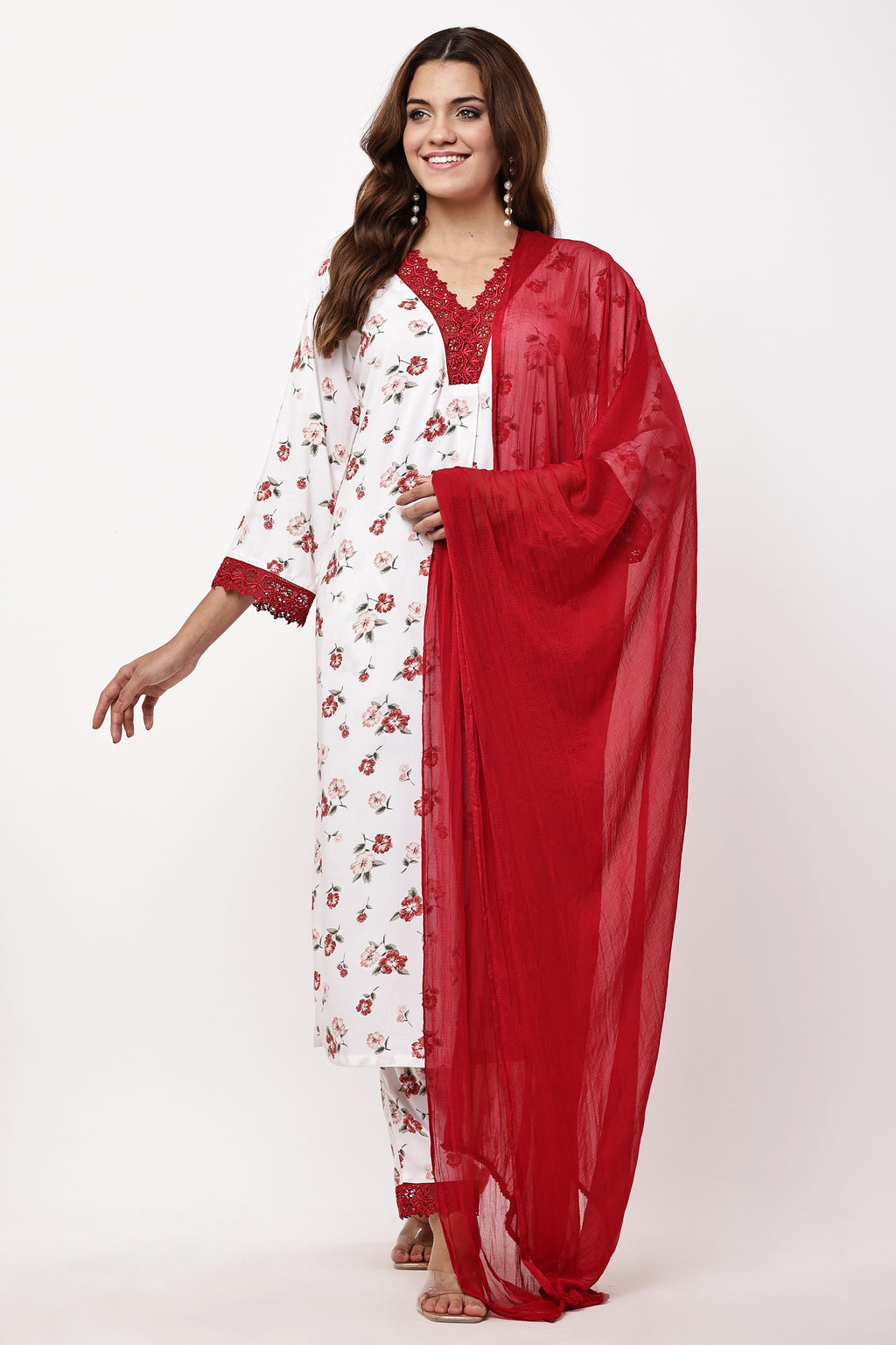 White & Red Floral Printed Kurta Suit Set with Chiffon Dupatta