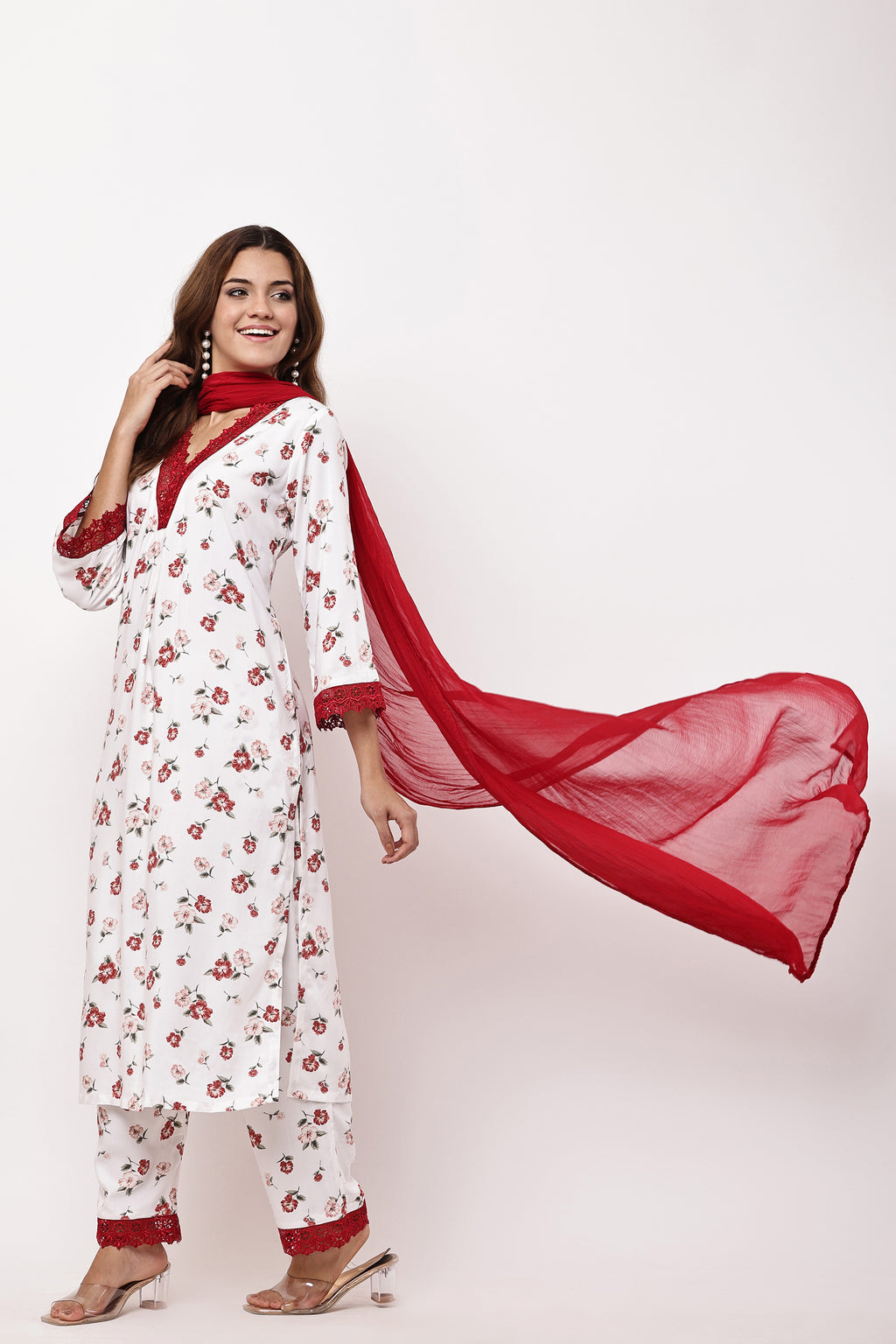 White & Red Floral Printed Kurta Suit Set with Chiffon Dupatta