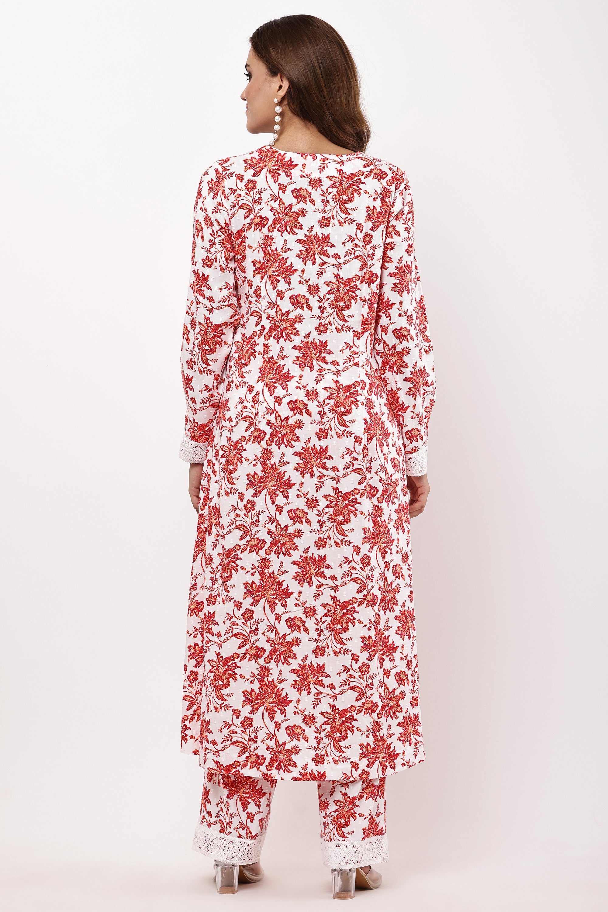 Women Off-White & Red Floral Printed A-Line Suit Set
