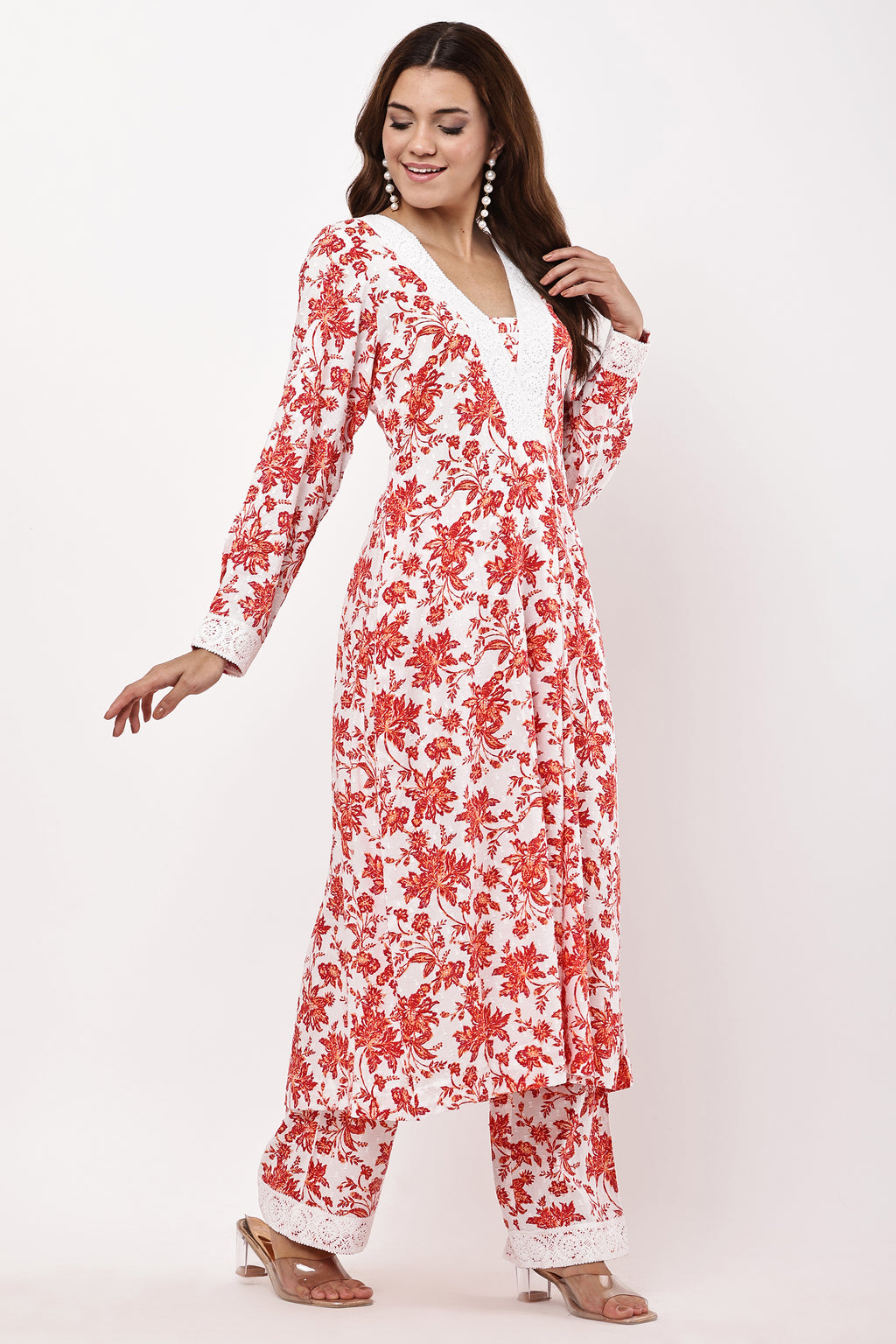 Women Off-White & Red Floral Printed A-Line Suit Set