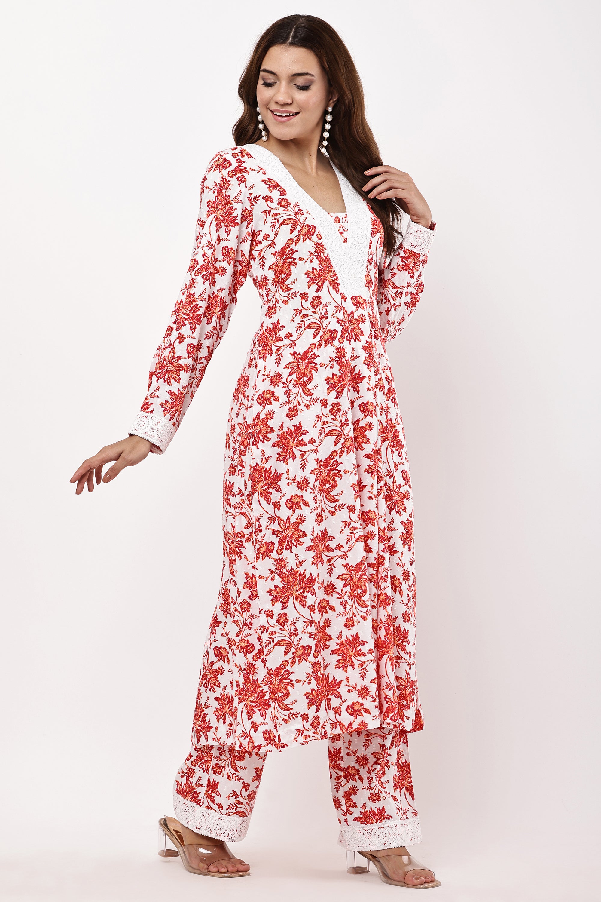 Women Off-White & Red Floral Printed A-Line Suit Set