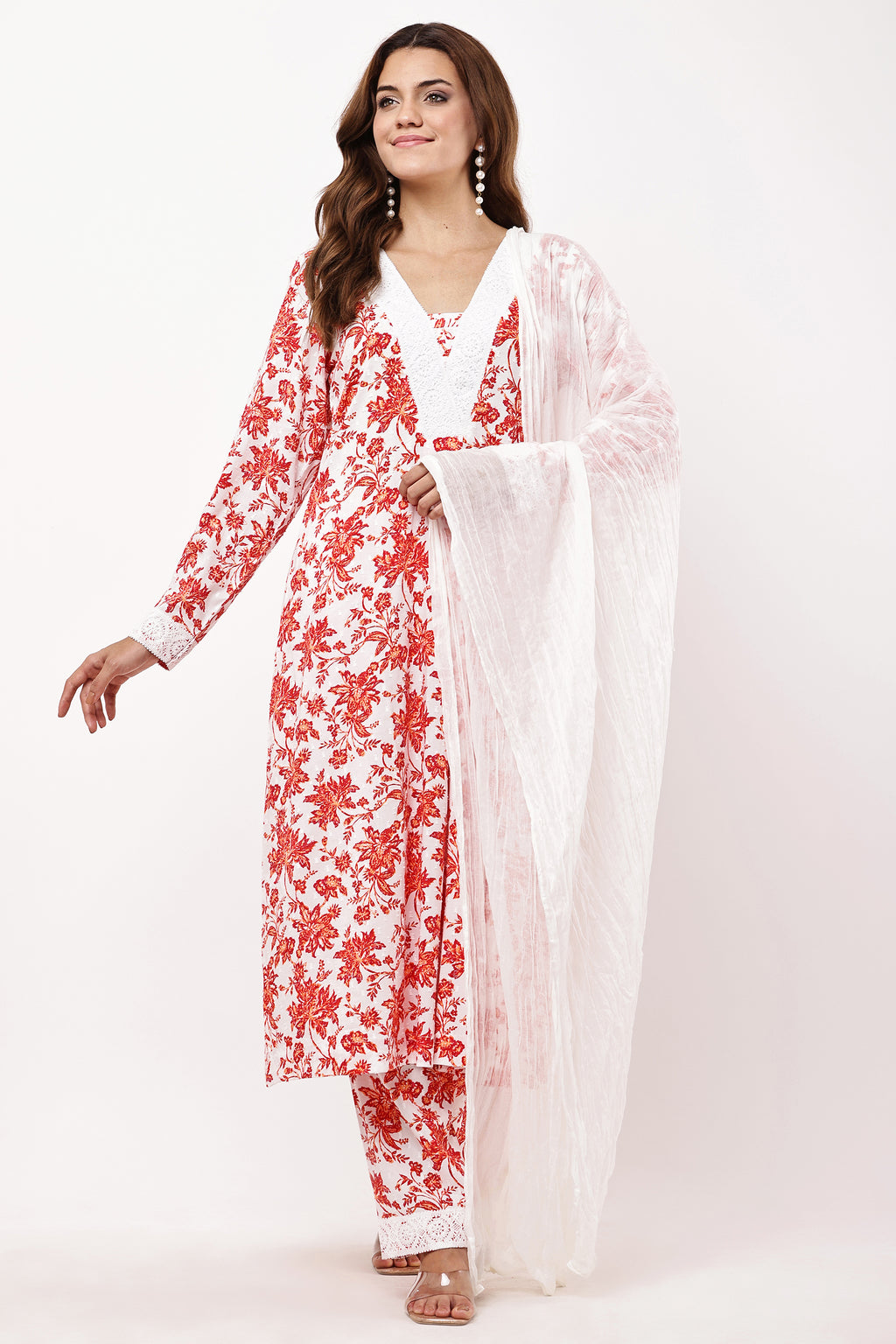 Women Off-White & Red Floral Printed A-Line Suit Set