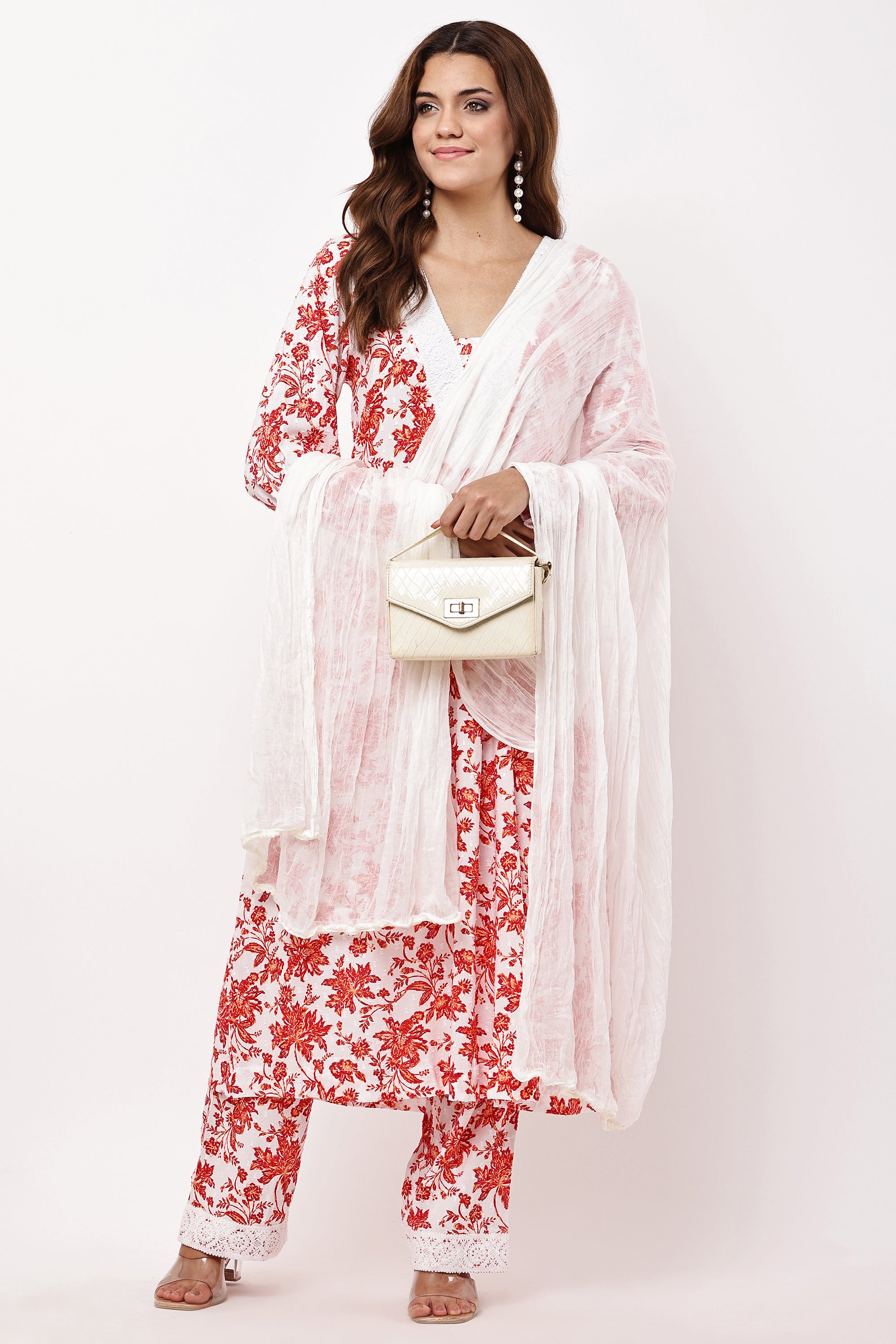 Women Off-White & Red Floral Printed A-Line Suit Set