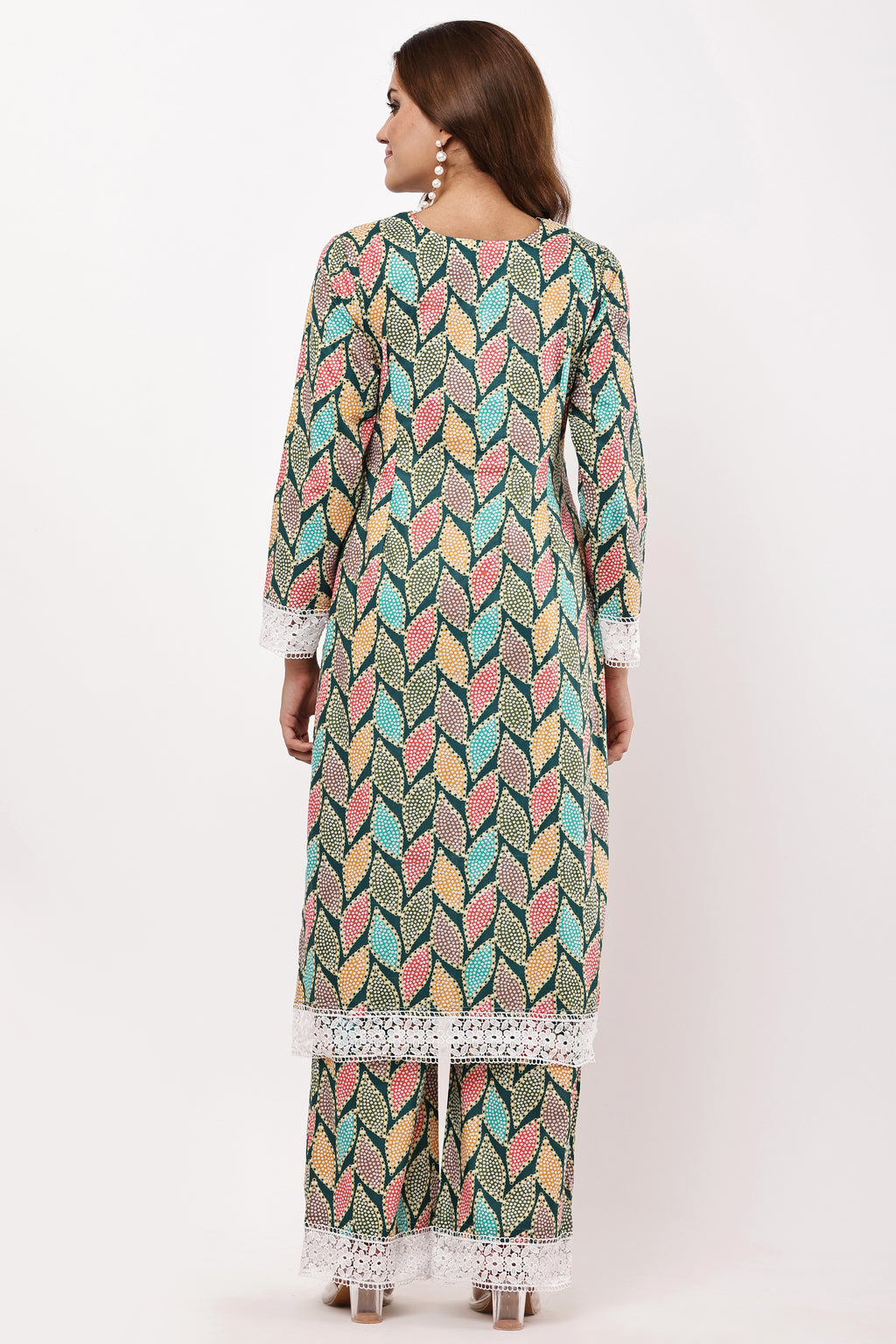Multicolour Leaf Print Straight Kurta Set with Dupatta