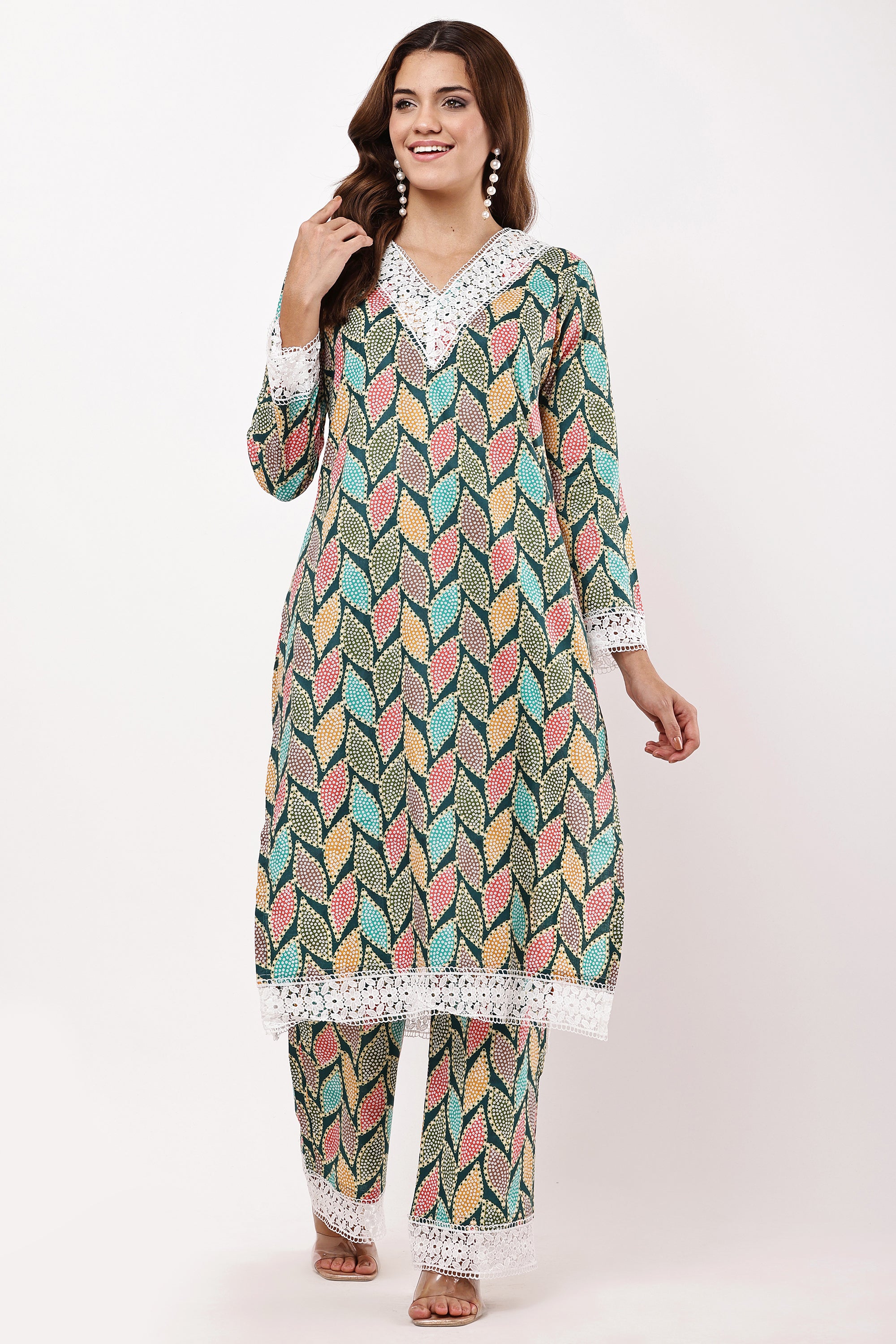Multicolour Leaf Print Straight Kurta Set with Dupatta