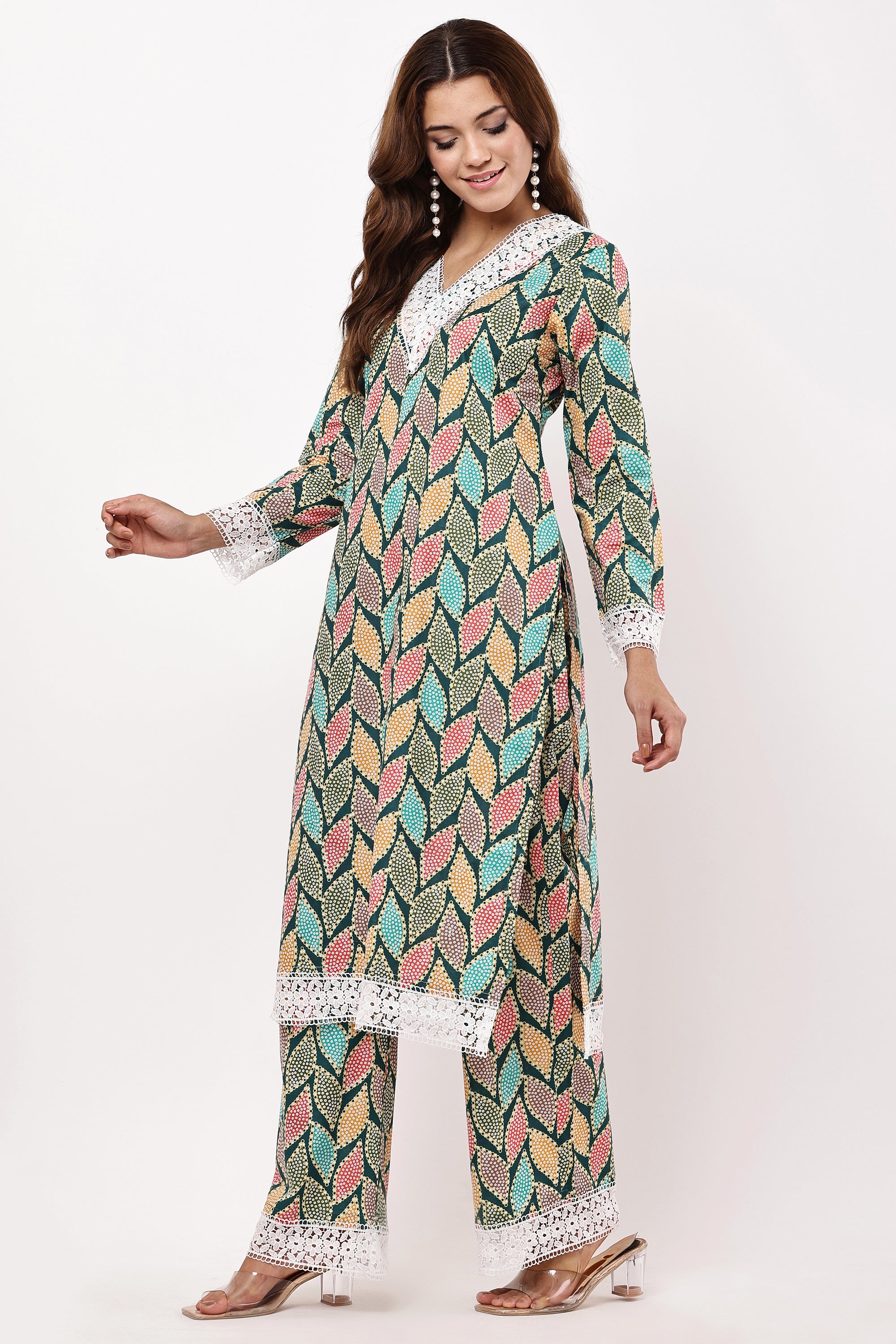 Multicolour Leaf Print Straight Kurta Set with Dupatta