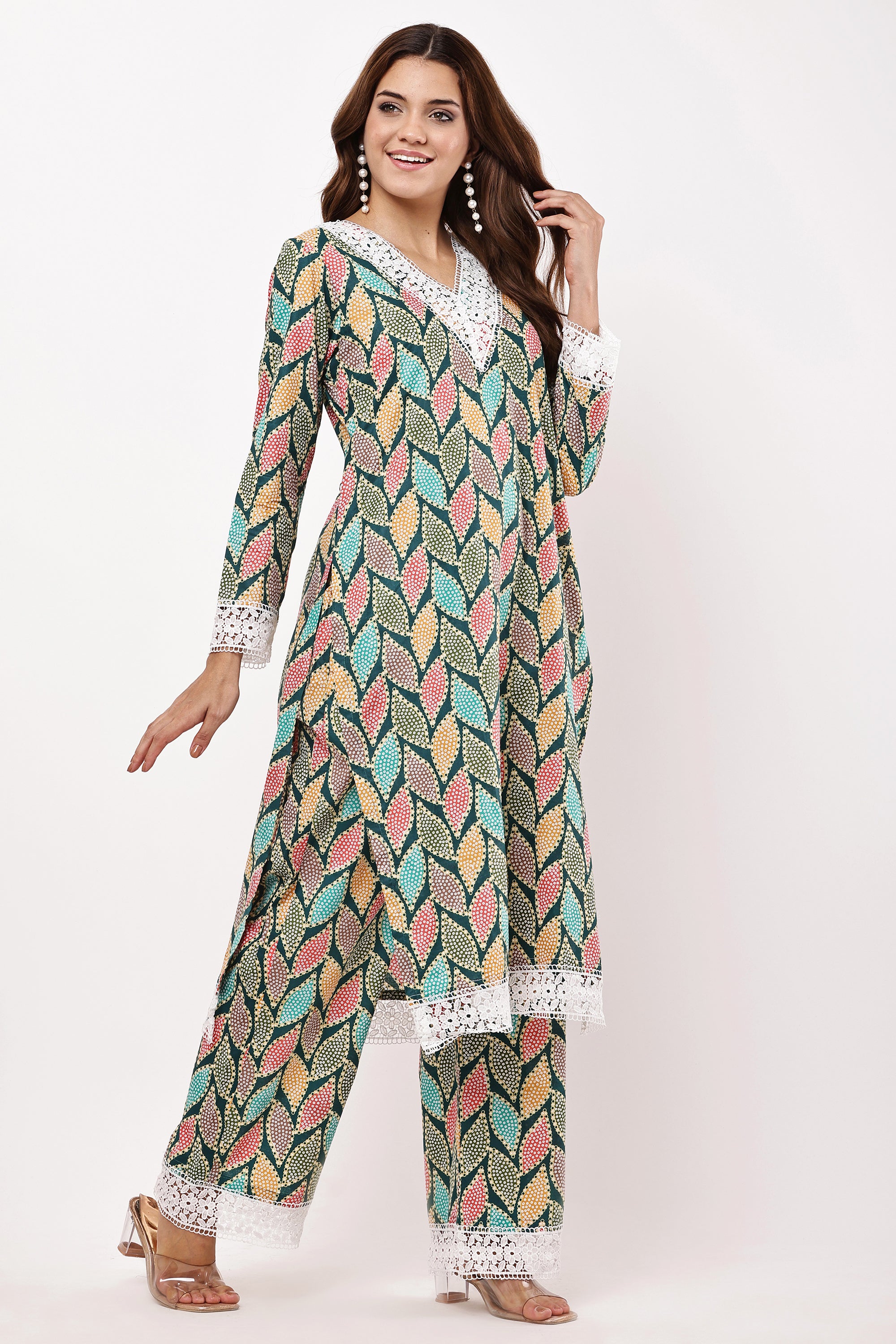 Multicolour Leaf Print Straight Kurta Set with Dupatta