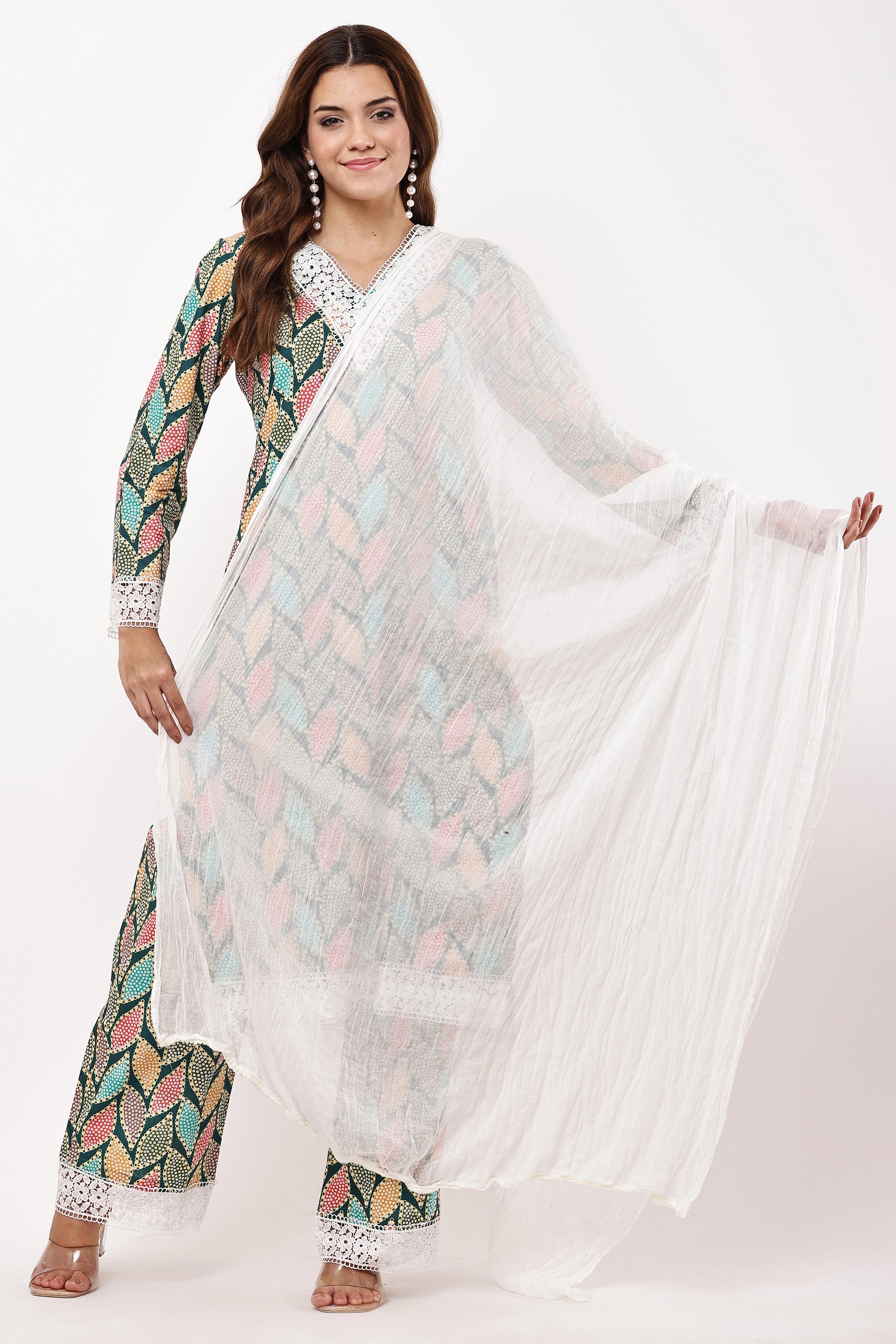 Multicolour Leaf Print Straight Kurta Set with Dupatta