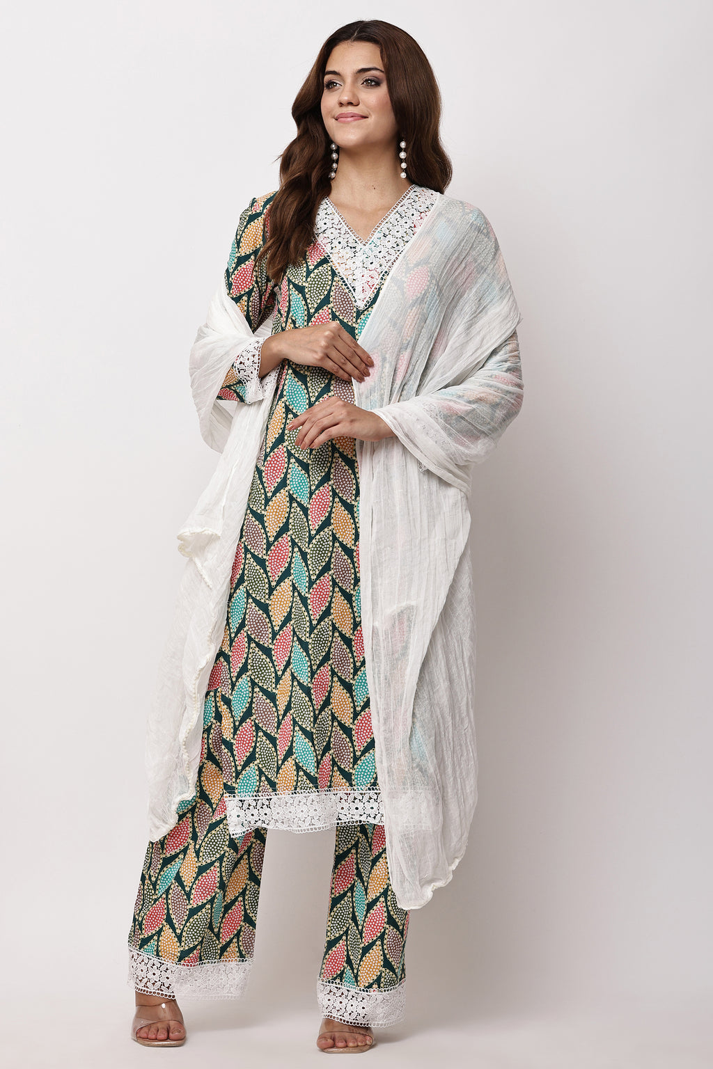 Multicolour Leaf Print Straight Kurta Set with Dupatta