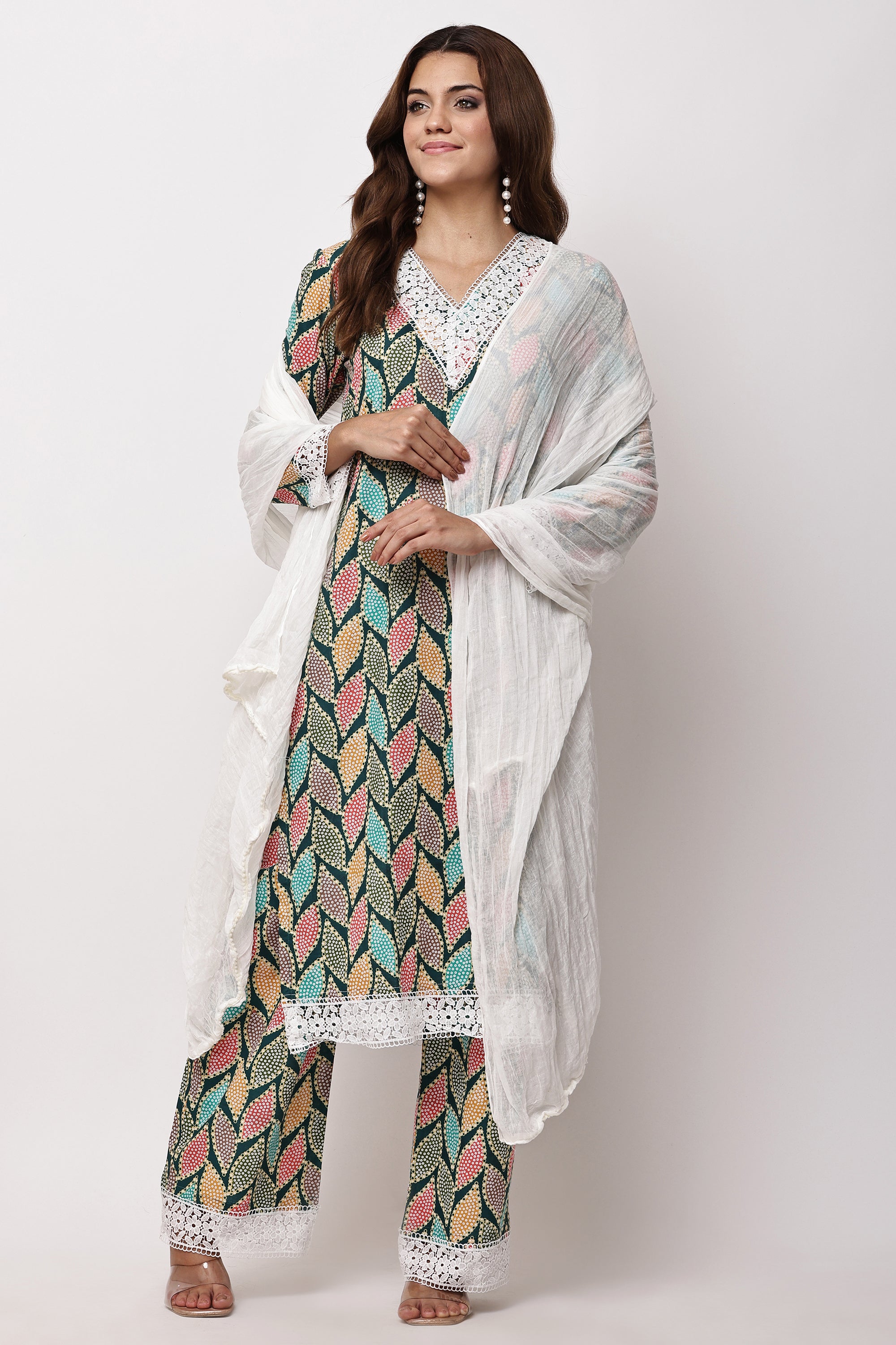 Multicolour Leaf Print Straight Kurta Set with Dupatta