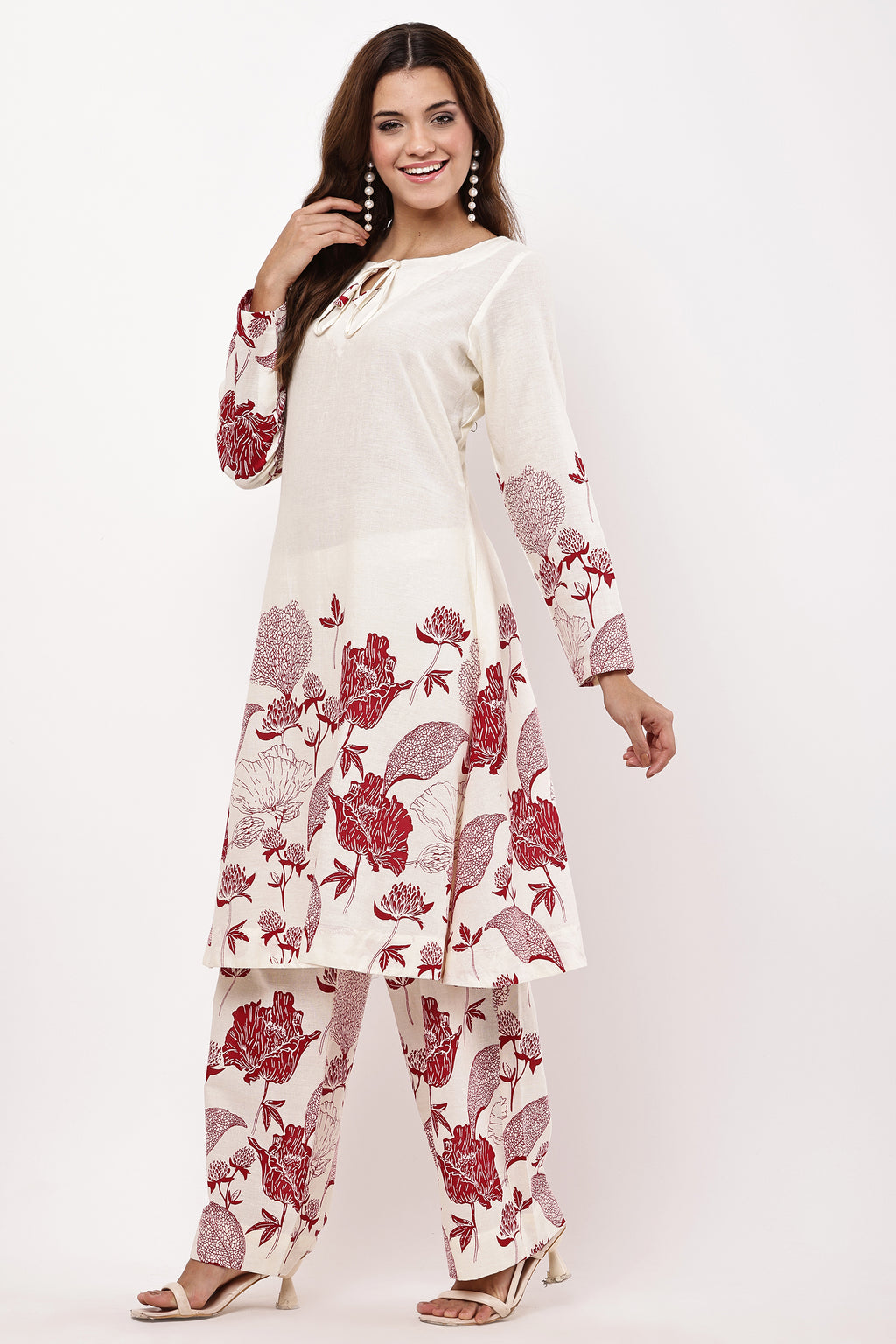 Women Off-White & Maroon Floral Printed A-Line Co-ord Set