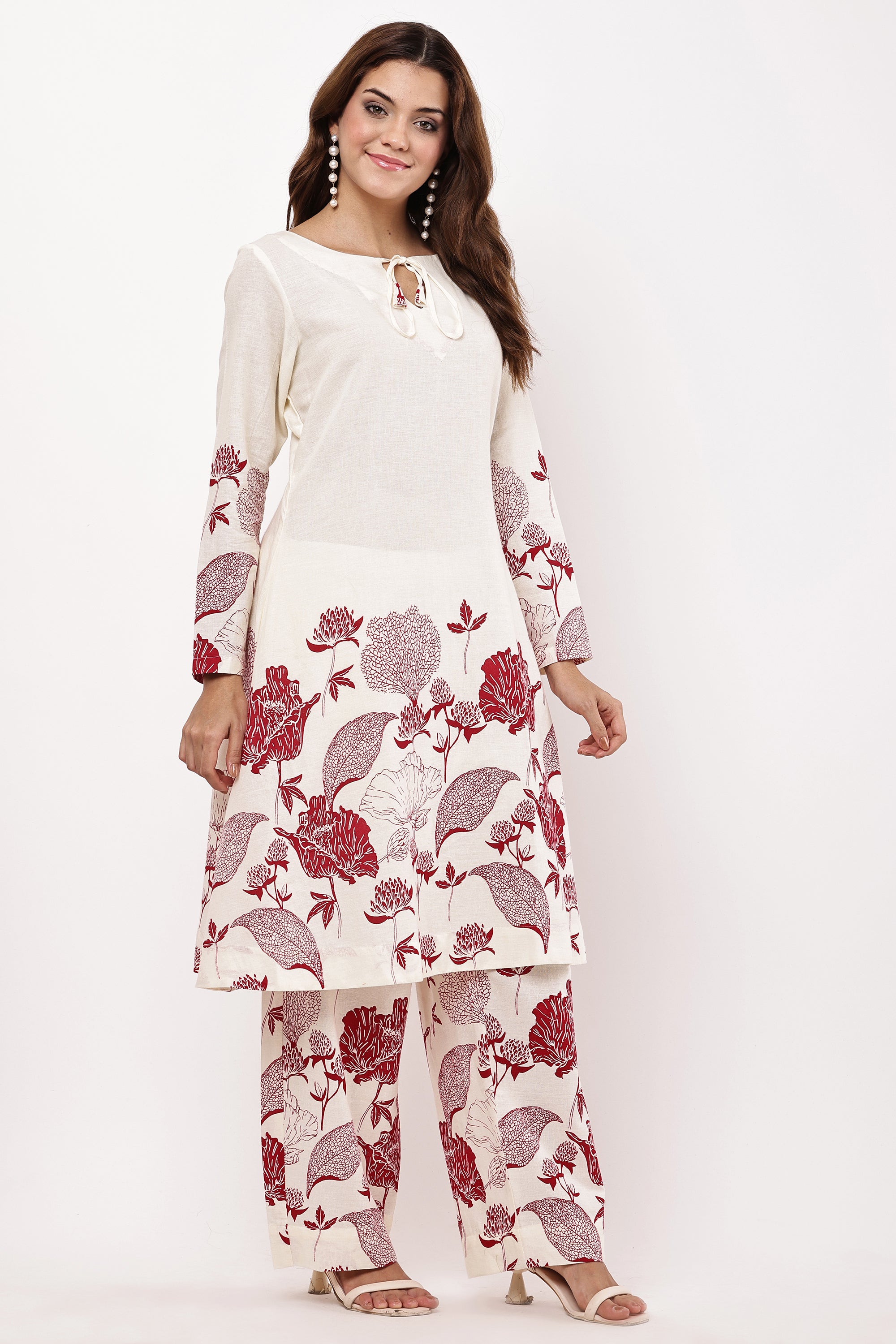 Women Off-White & Maroon Floral Printed A-Line Co-ord Set