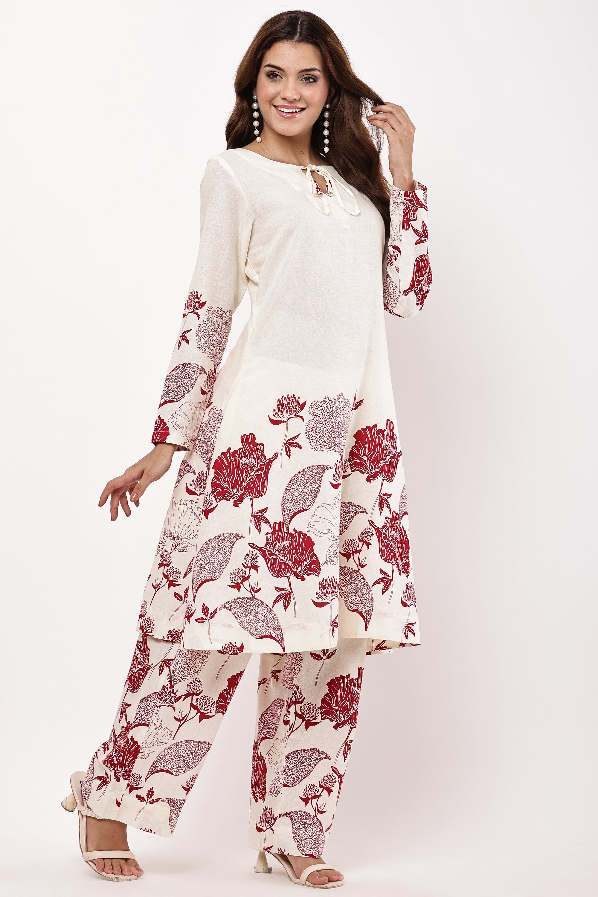 Women Off-White & Maroon Floral Printed A-Line Co-ord Set