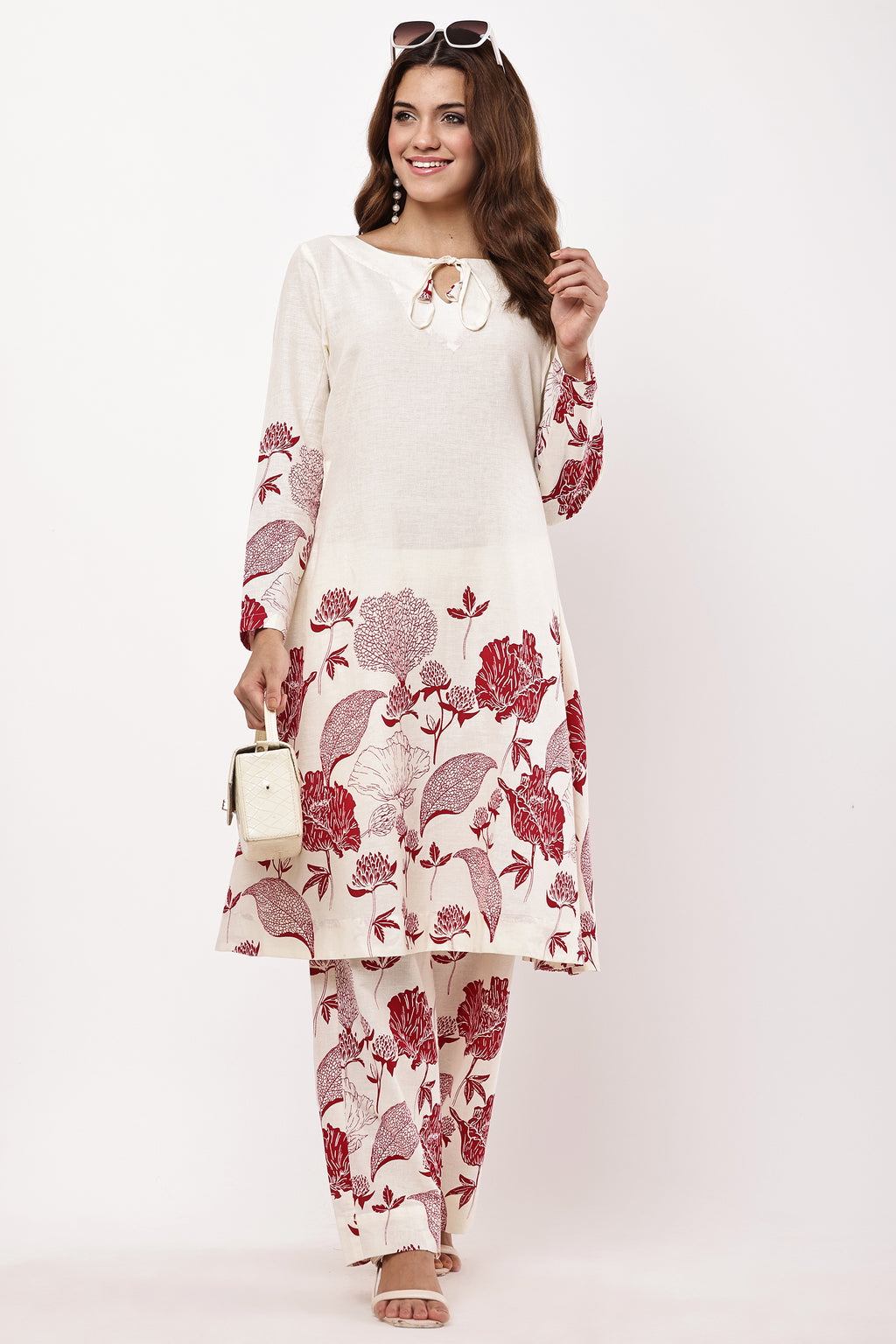 Women Off-White & Maroon Floral Printed A-Line Co-ord Set