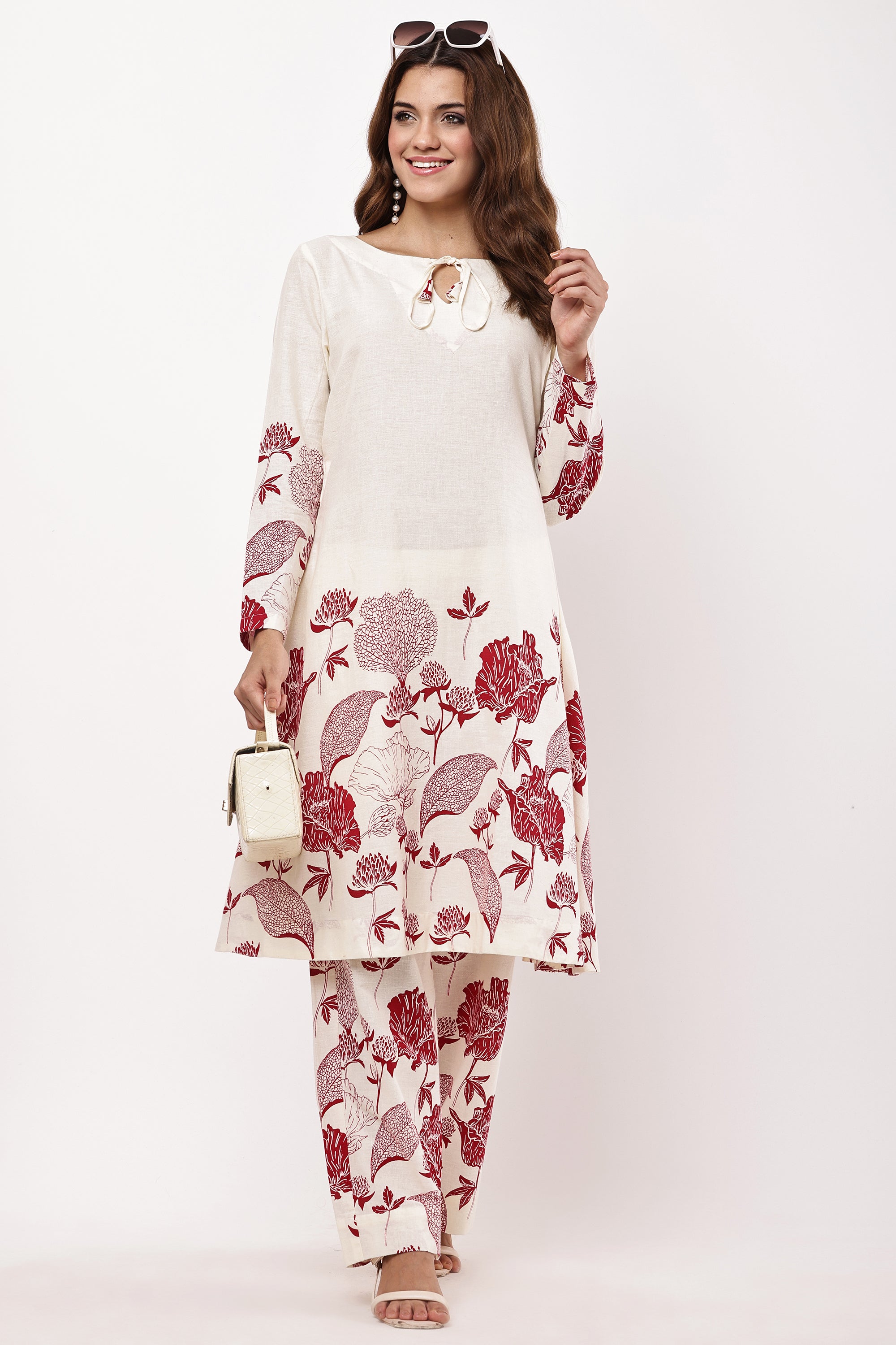 Women Off-White & Maroon Floral Printed A-Line Co-ord Set