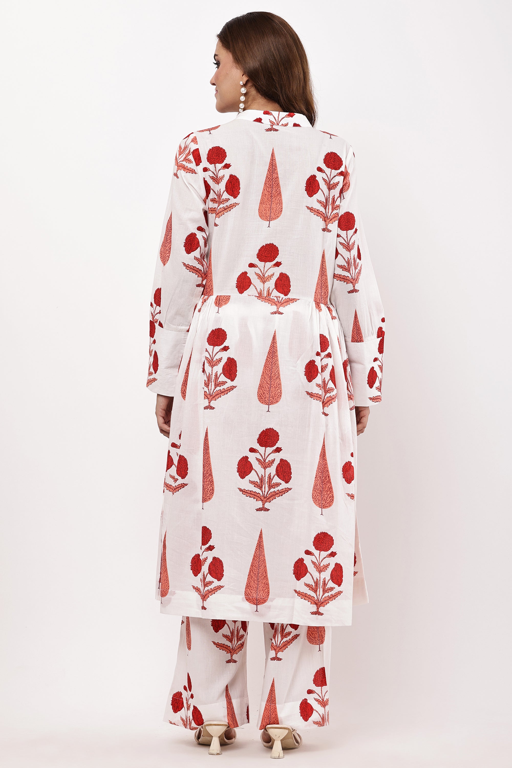 White & Red Floral Printed A-Line Kurta Set
