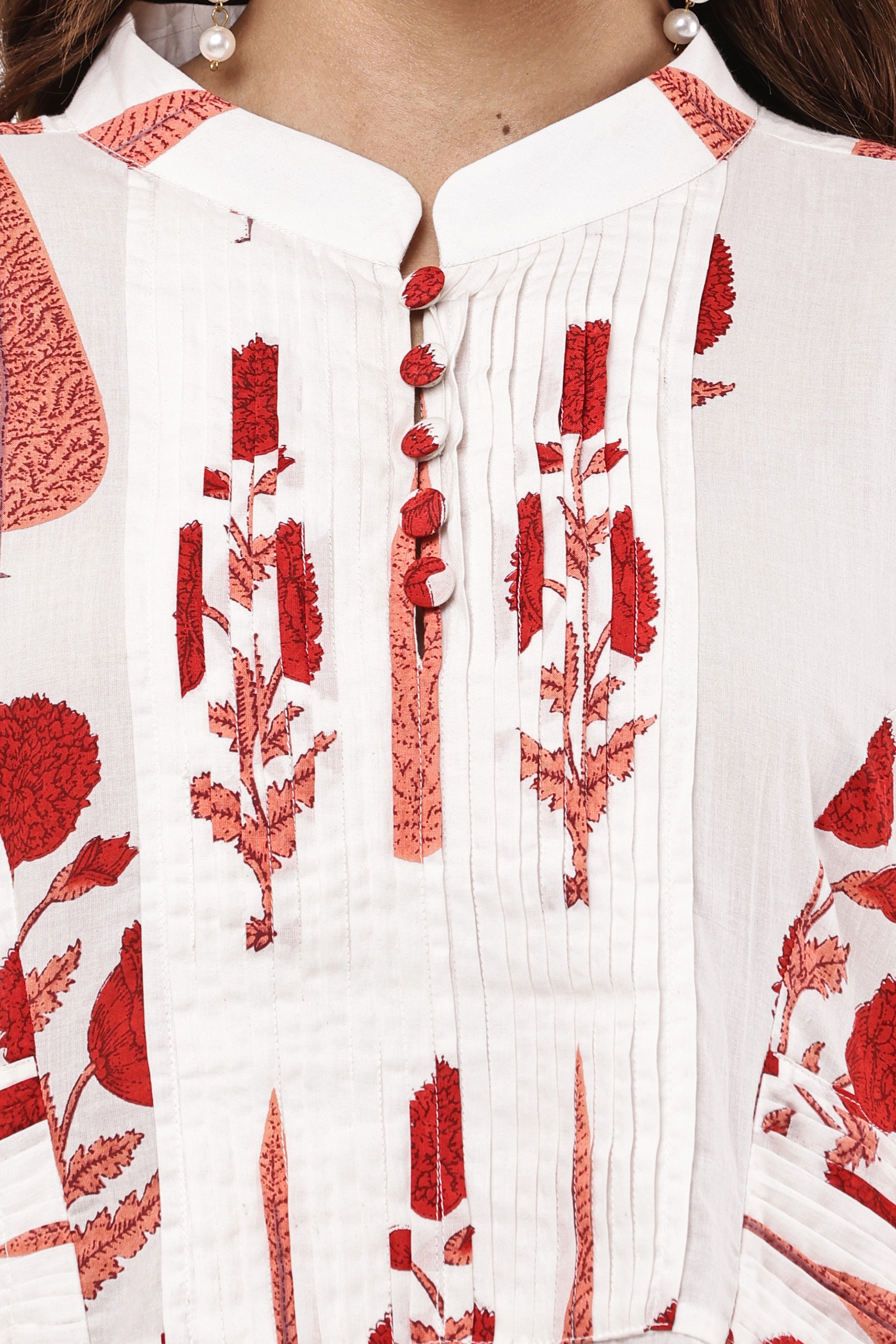White & Red Floral Printed A-Line Kurta Set