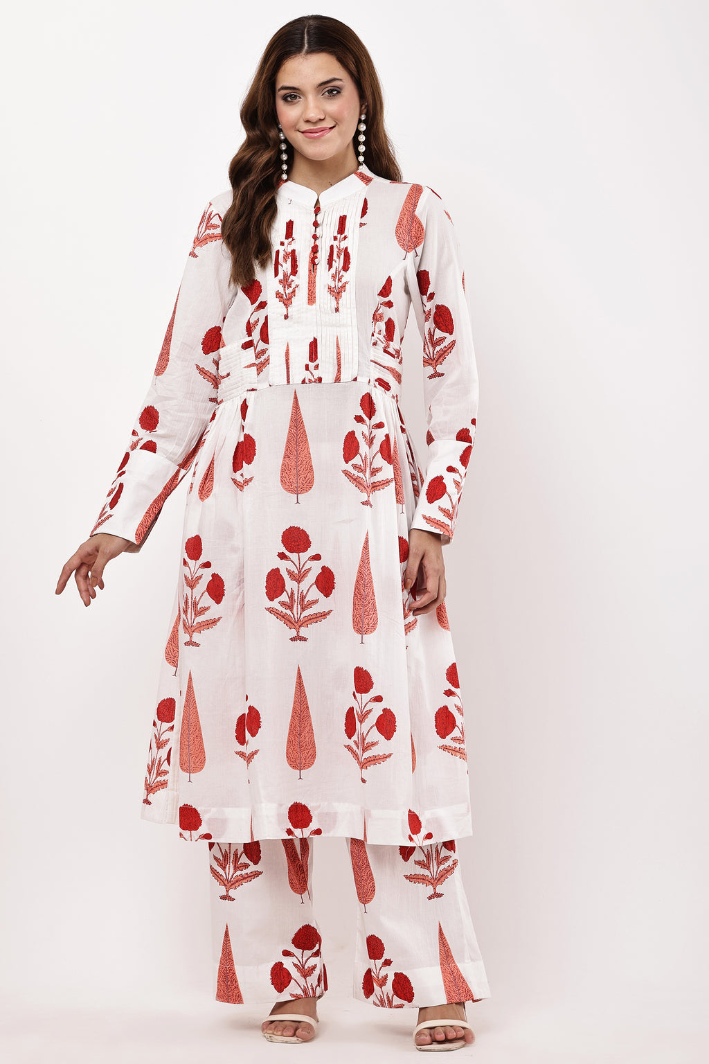 White & Red Floral Printed A-Line Kurta Set