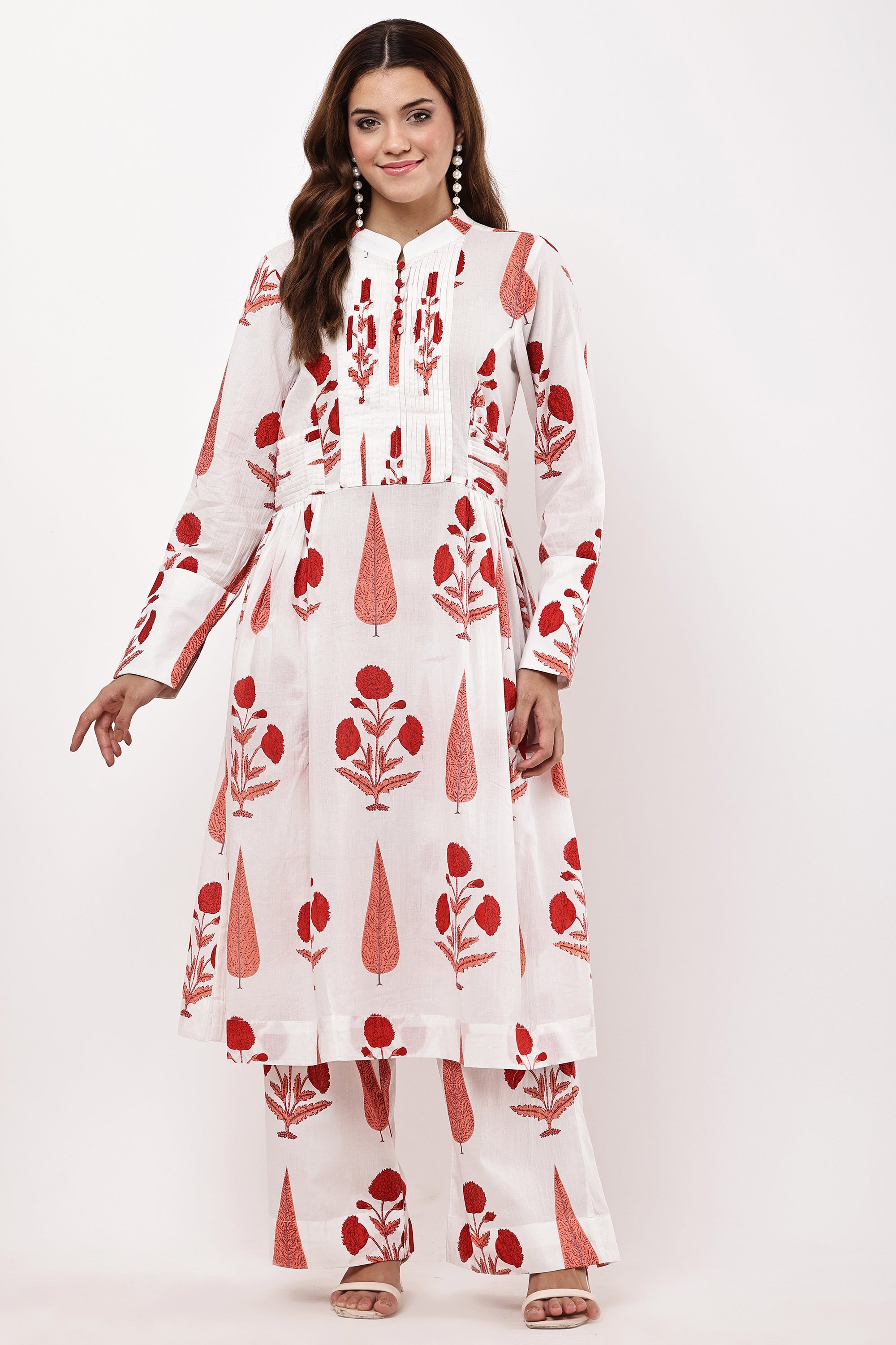 White & Red Floral Printed A-Line Kurta Set